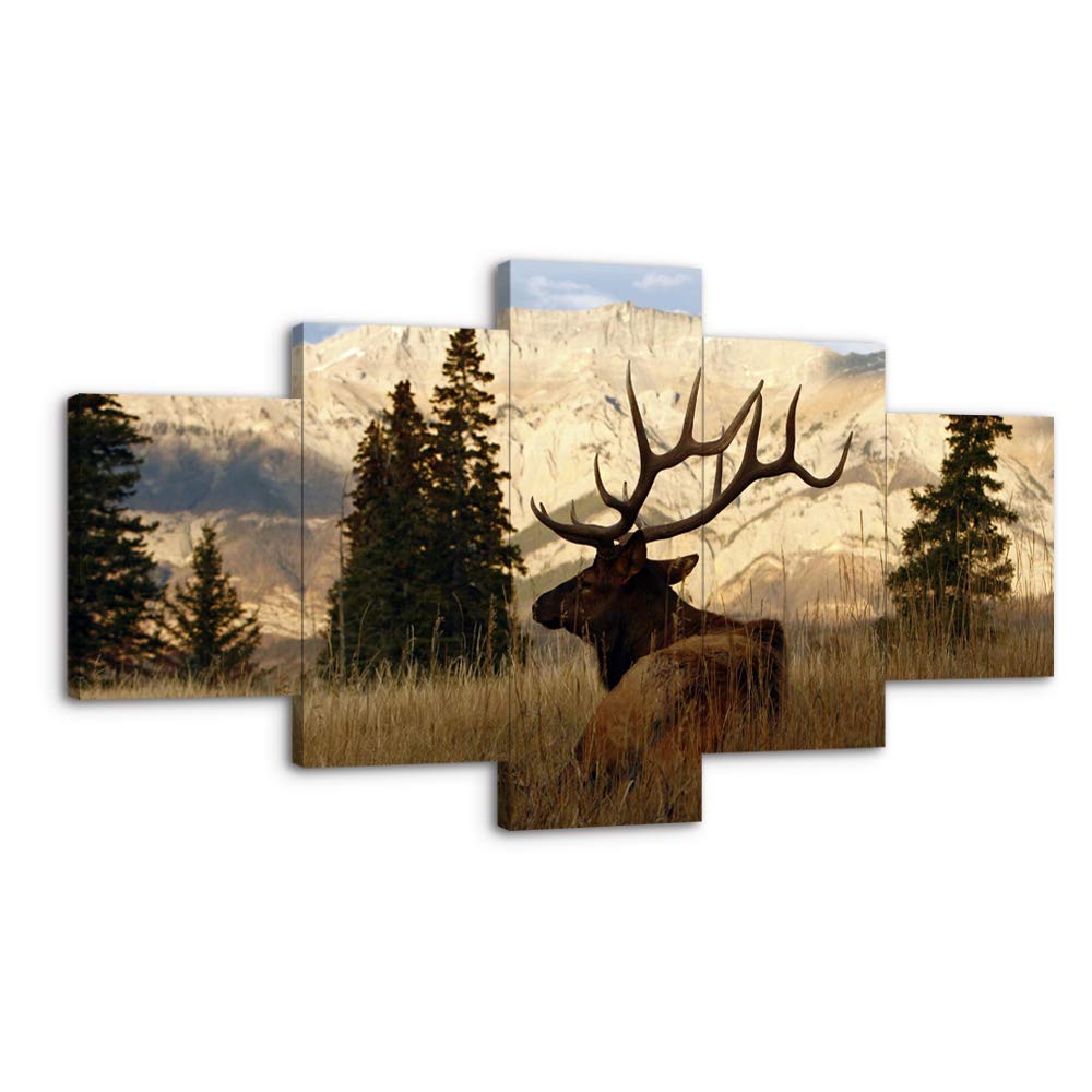 Elk Wall Art - 5 Panel Large Framed Canvas Painting, Nature Calligraphy Animal Scenery Deer Hunting Decor for Living Room, Bedroom, Office - Ready to Hang Wildlife Home Decor