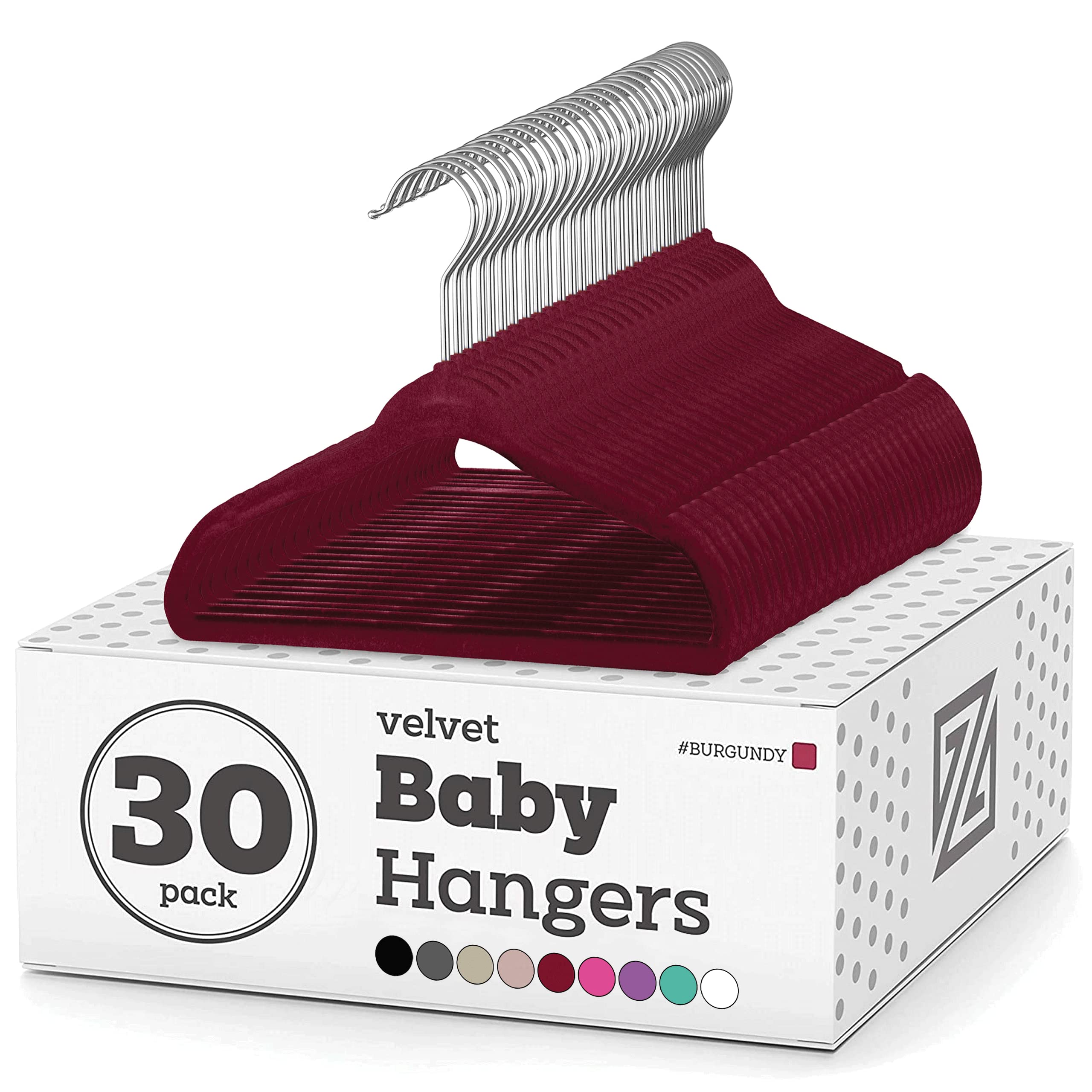 Zober Velvet Baby Hangers - 30 Pack Non-Slip Toddler Clothes Hangers with Swivel Hook for Shirts, Pants & Dresses - Durable Notched Design for Small Kids - Burgundy - Perfect for Nursery, Closet Organization & Travel