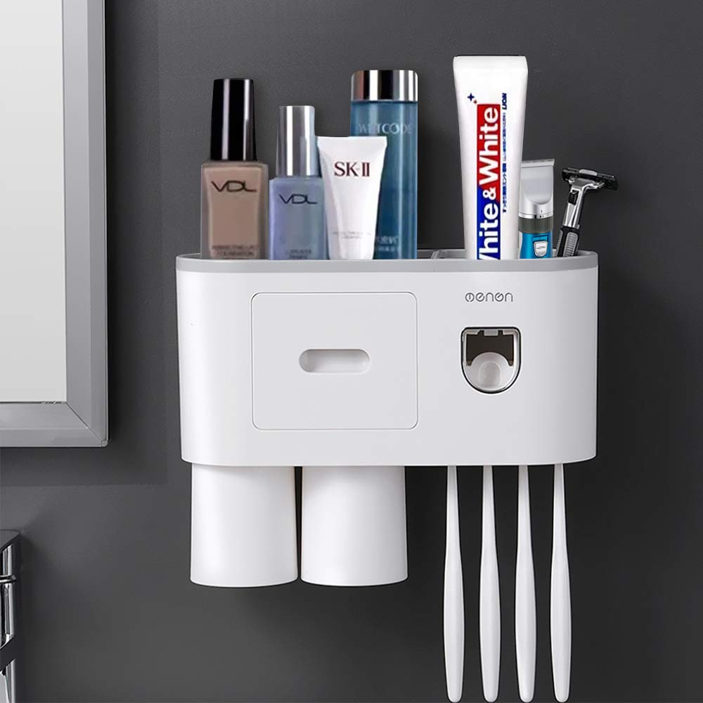 STRAWBLEAG Wall-Mounted Toothbrush Holder with Automatic Toothpaste Dispenser - 4 Toothbrush Slots, 2 Cups & Storage Drawer - Space Saving Bathroom Organizer for Home, Apartment, Dorm (White) - Perfect for Small Bathrooms and Family Use