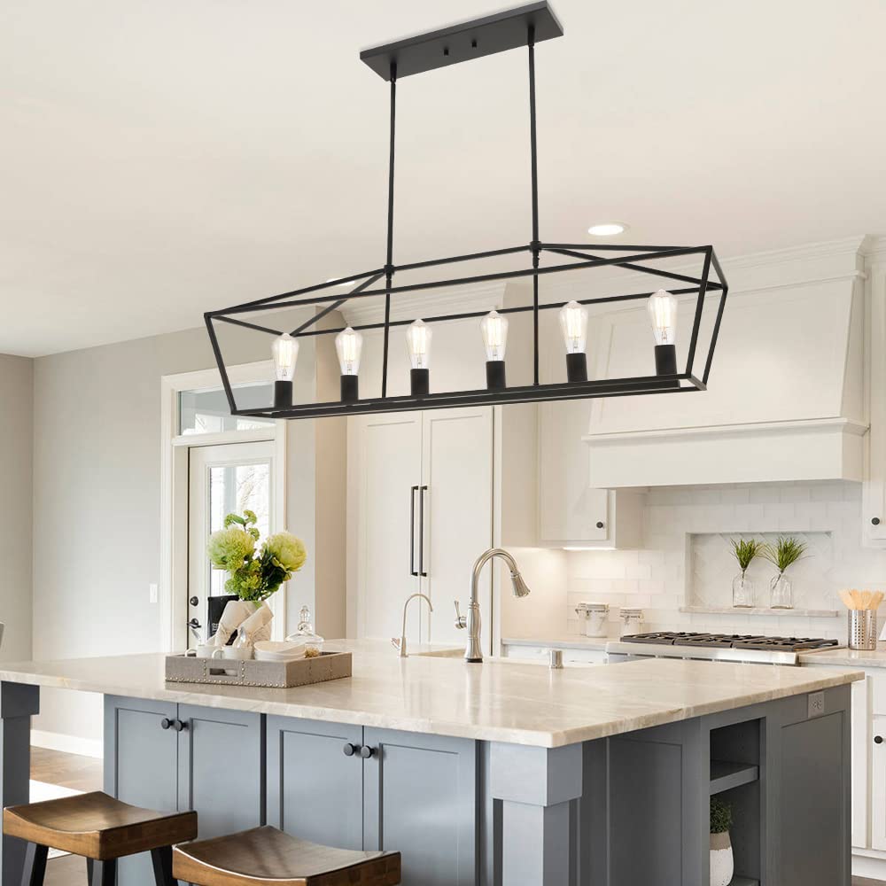 6-Light Black Kitchen Island Pendant Lighting Fixture - Modern Dining Room Chandelier for Living Room, Pool Table & Bar Counter - Perfect for Home Kitchen, Restaurant & Cafe Lighting Decor