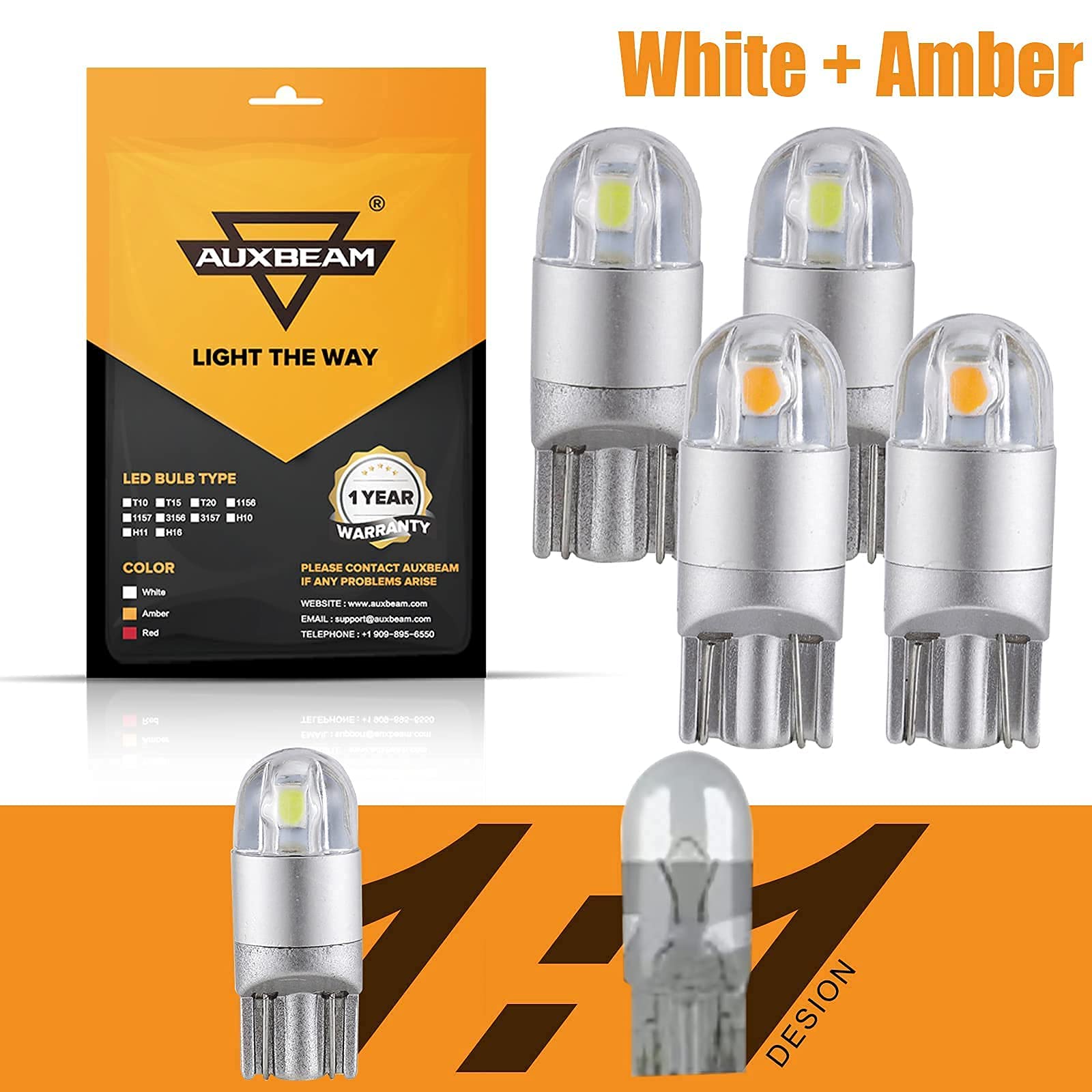 Auxbeam 194 LED Bulb 2-Pack (Amber/Yellow & White) - T10 W5W 168 2825 LED Replacement Bulbs with 3030 Chipsets - Perfect for License Plate Lights, Side Markers, Map Lights, Door Courtesy Lights & Dashboard Reading Lights - Car Interior & Exterior Lighting Upgrade