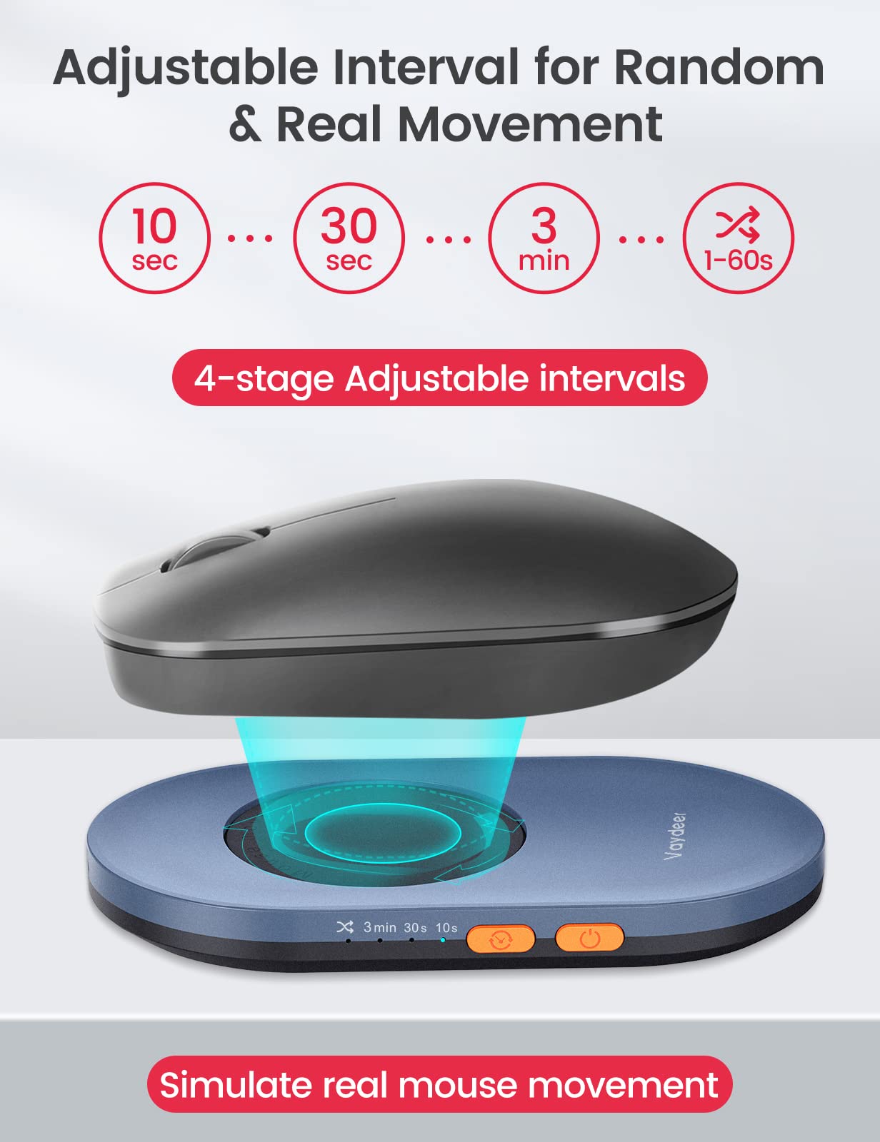 Vaydeer Ultra Slim Mouse Mover - Adjustable Timer Mouse Jiggler for PC, Undetectable & Silent USB Mouse Simulator | Prevent Sleep Mode for Remote Work, Online Meetings & Security