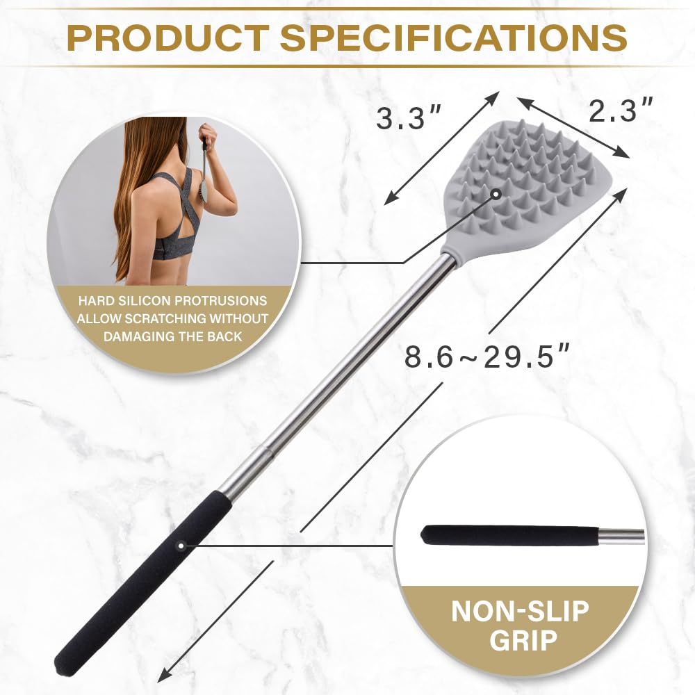 ROUNDS Back Scratcher - Gentle Silicone Protrusion for Itch Relief | Cream Applicator & Head Massager | Portable & Extendable Telescopic Design | Perfect for Travel, Home Use & Spa Treatments