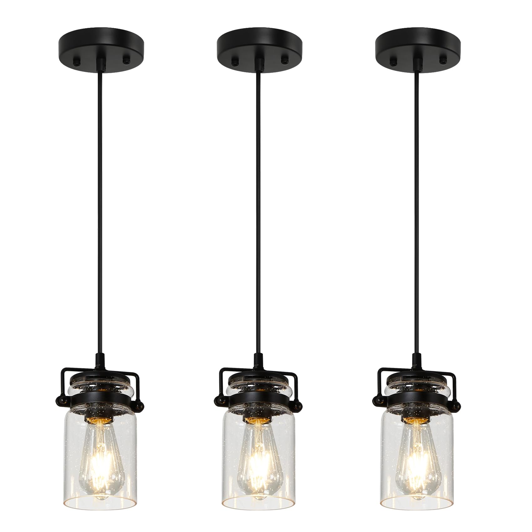 3 Pack Black Adjustable Farmhouse Pendant Lights with Seeded Glass Shade - Industrial Hanging Ceiling Light Fixtures for Kitchen Island, Dining Room, Bar & Living Room Decor