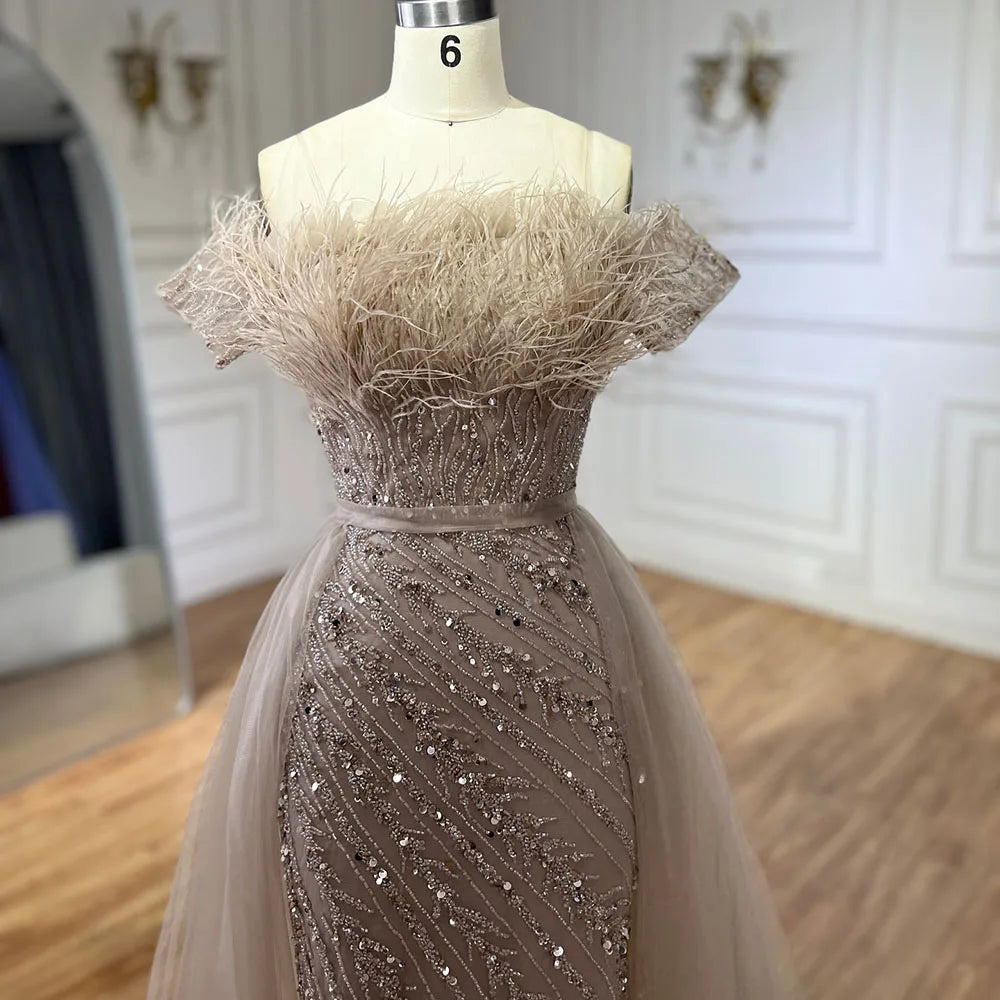 Luxury Dubai Saudi Arabic Beaded Caramel Mermaid Evening Gown with Overskirt - Elegant Formal Dress for Weddings, Galas & Special Occasions LA71634A