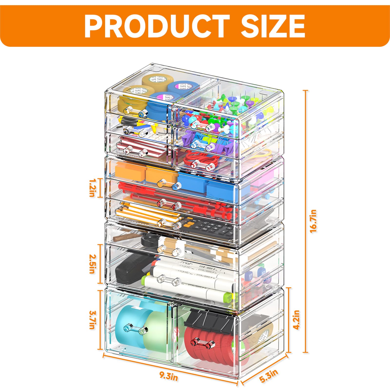 4-Pack Clear Acrylic Drawer Organizer - Stackable 13-Drawer Makeup Storage Cube for Dresser, Hair Clips & Beauty Products - Perfect for Vanity, Bathroom & Desk Organization (13.5