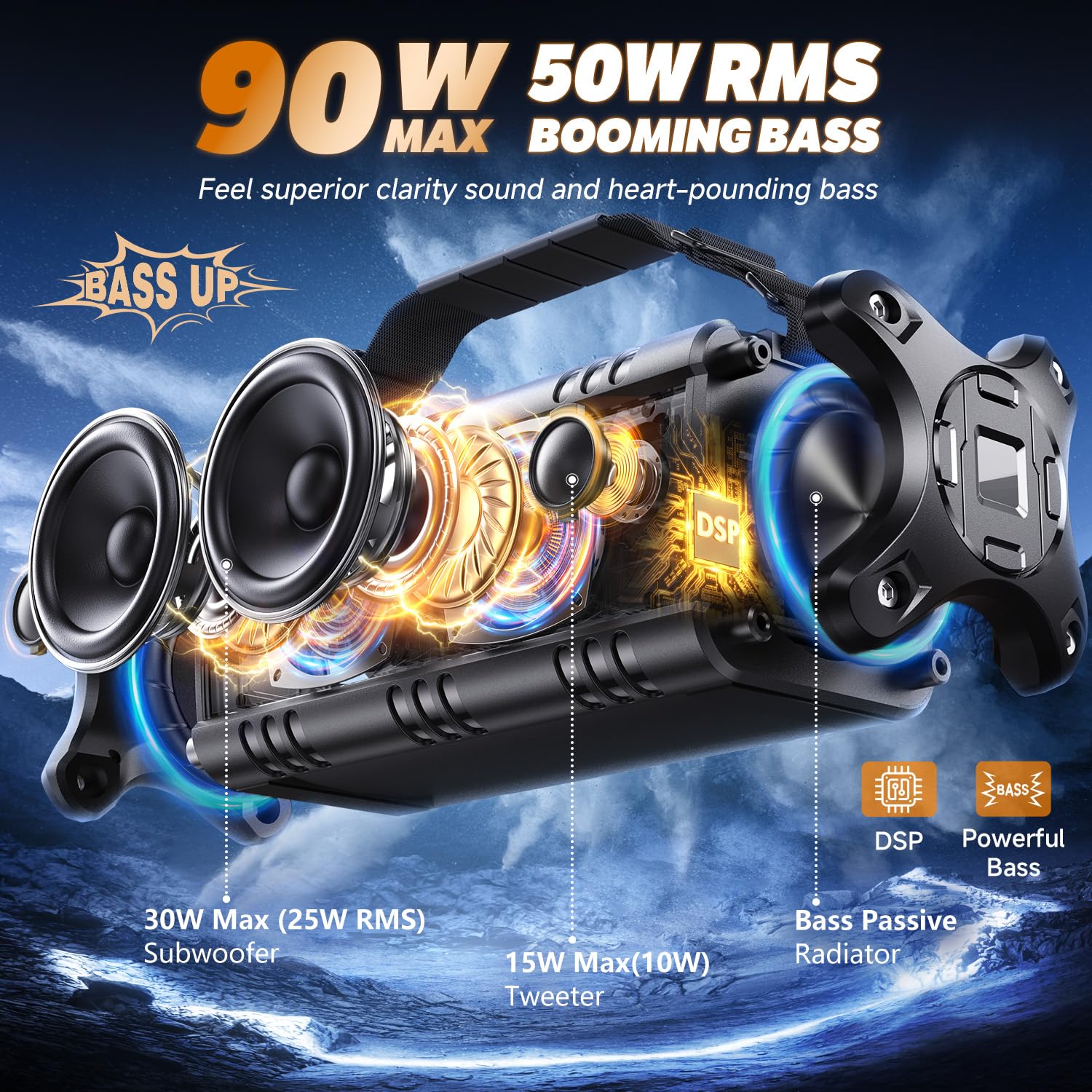W-KING 90W Bluetooth Speaker with Deep Bass, IPX6 Waterproof, 40H Playtime - Wireless Portable Speaker for Home, Party, Camping, Beach & Outdoor Adventures | Bluetooth 5.0, Stereo Pairing, TF Card & NFC Support