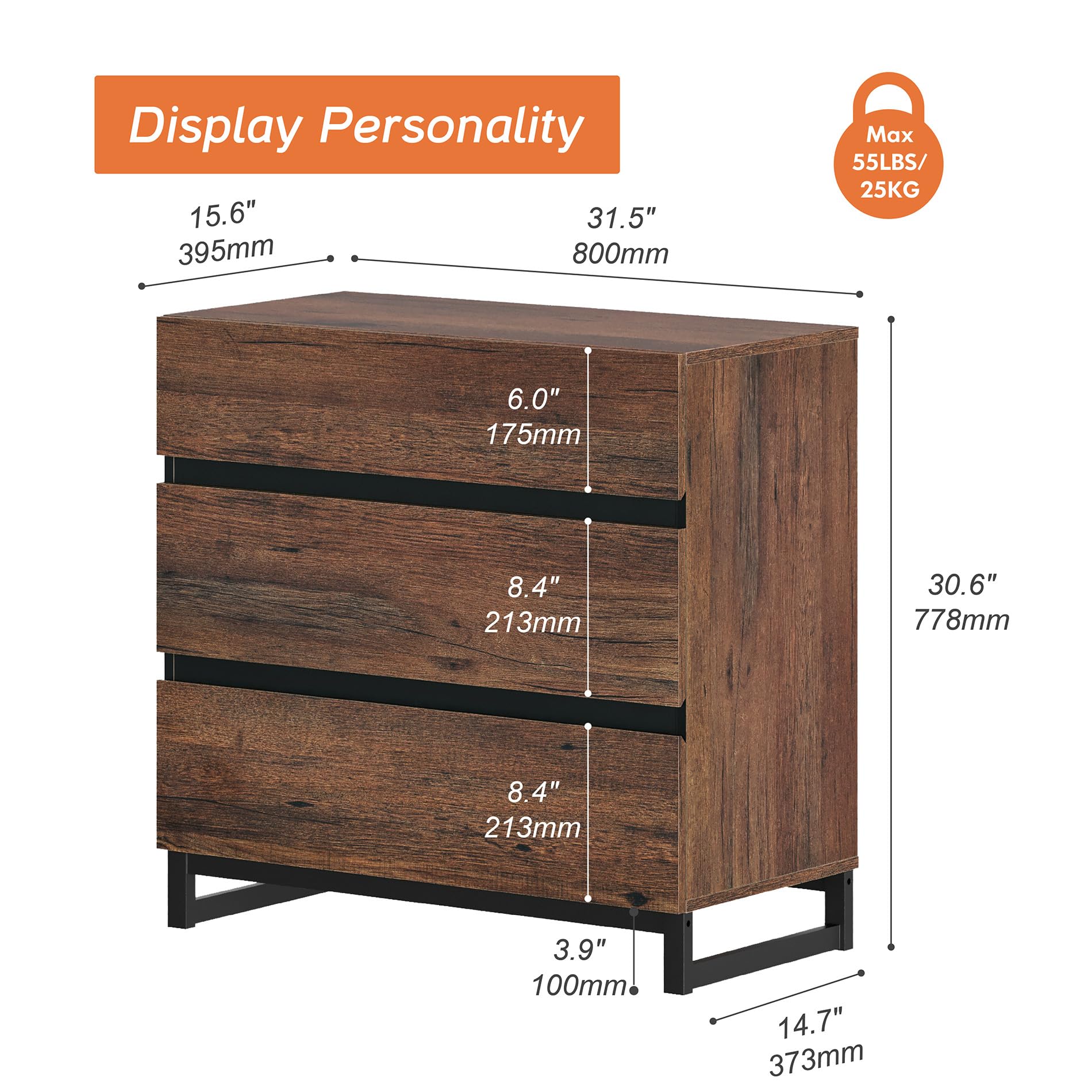 WAMPAT 42 Inch Modern TV Stand with 3 Drawers & Metal Base - Entertainment Center TV Console for Living Room & Bedroom - Brown Wood Media Cabinet for Flat Screen TVs - Perfect for Small Spaces & Apartment Decor