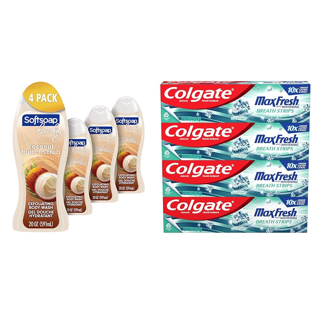 Softsoap Coconut Scrub & Colgate Whitening Toothpaste - 4 Pack for Fresh Skin & Teeth