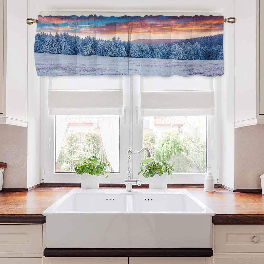 Nature Valance Curtains - Winter Snowy Mountain Valley with Pine Trees Sunset Sky Landscape - 54 x 12 Inches - Baby Blue & Salmon - Perfect for Living Room, Bedroom & Nursery Decor