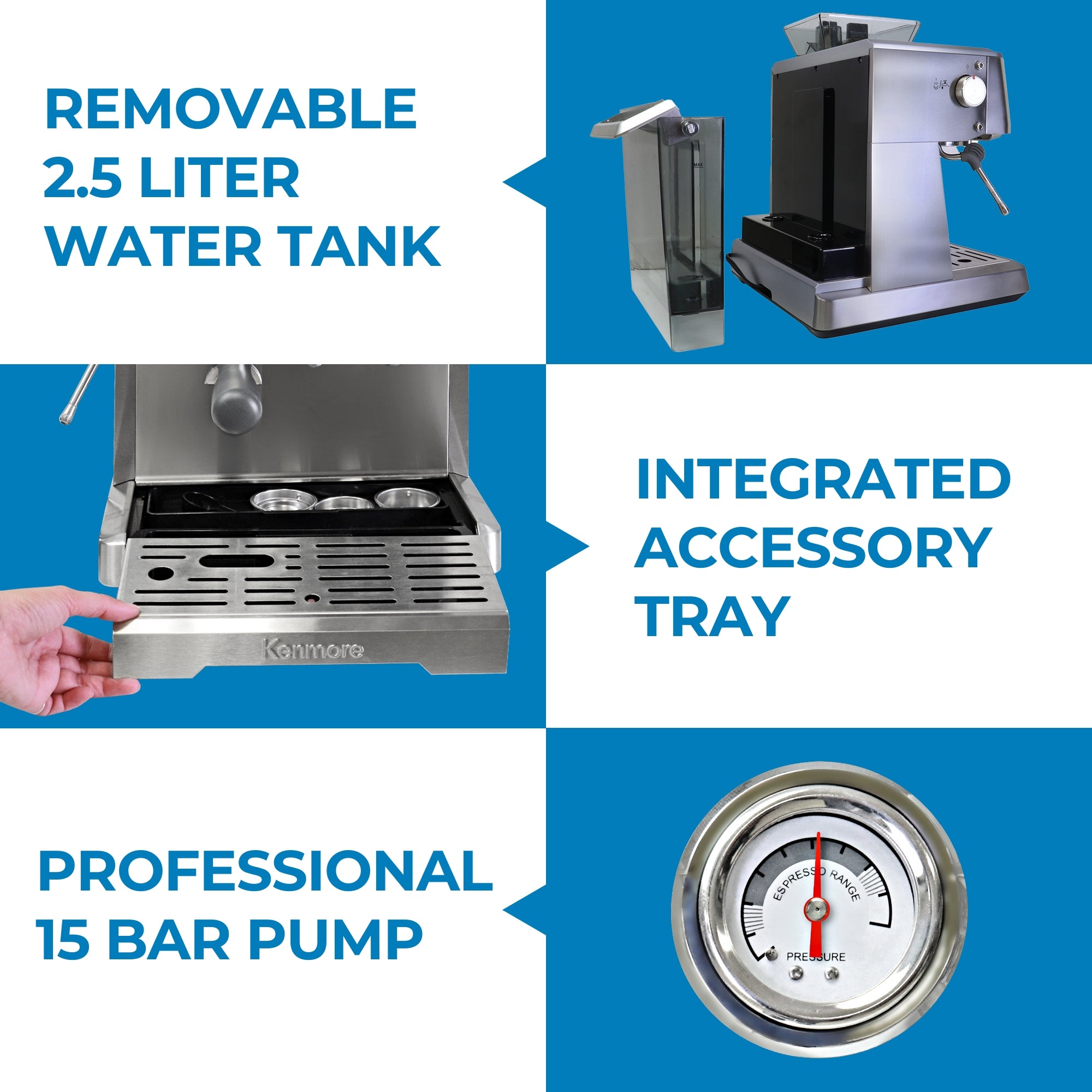 Kenmore 15 Bar Semi-Automatic Espresso Machine with Built-in Grinder & Milk Frother - Stainless Steel Home Coffee Maker for Cappuccino & Latte - Perfect for Home Baristas & Coffee Lovers (Ideal for Kitchen, Office, or Gift)