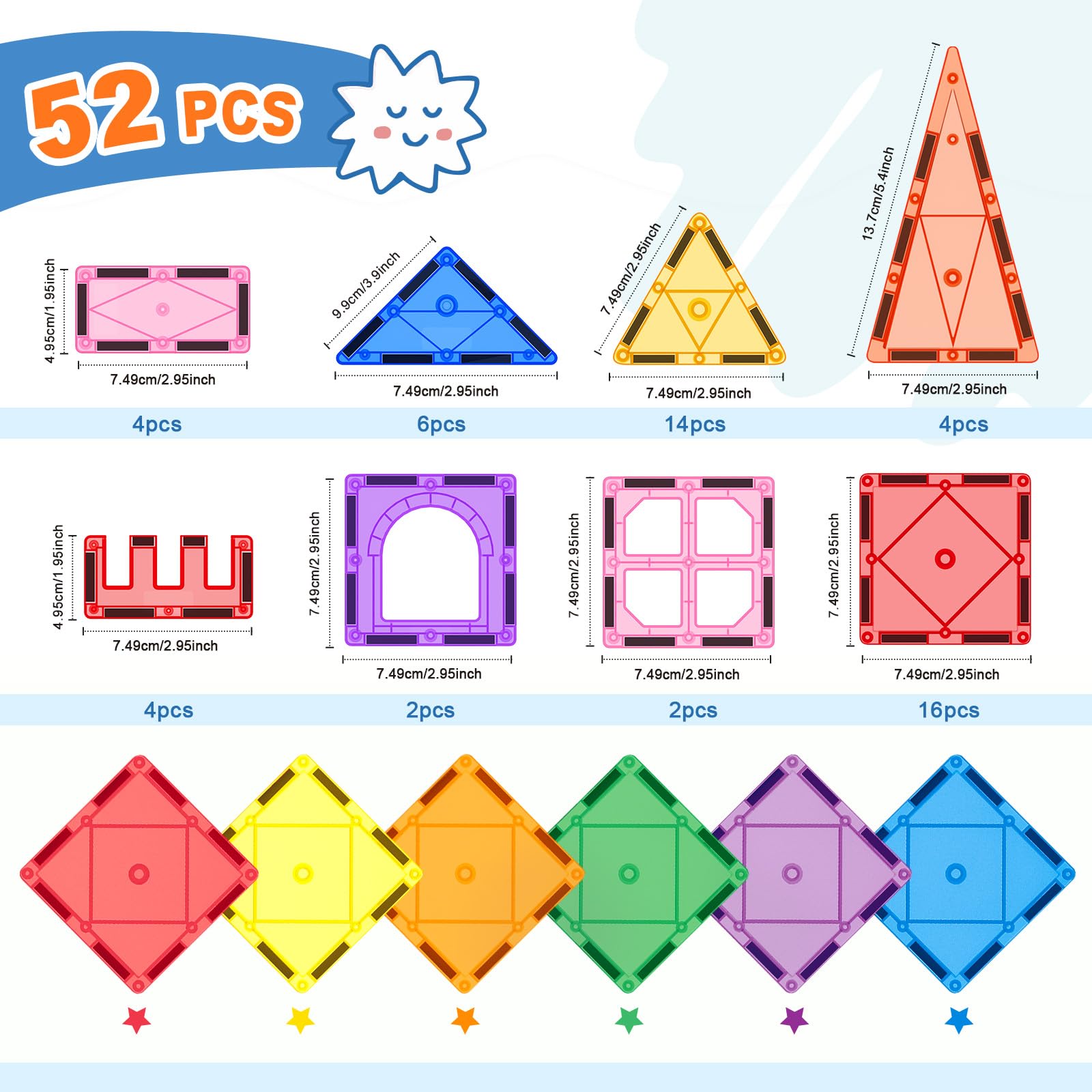 52PCS Magnetic Tiles Building Blocks - STEM Educational Toys for Kids Ages 3+ | Montessori Sensory Learning Toys for Toddlers Boys & Girls | Perfect for Classroom, Birthday Gifts & Creative Play at Home