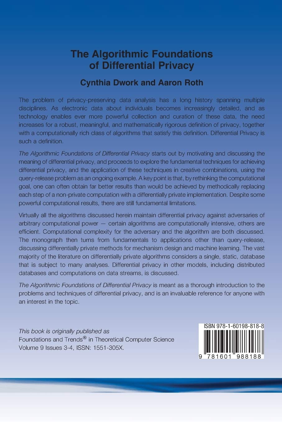 The Algorithmic Foundations of Differential Privacy - Theoretical Computer Science Book | Privacy Protection for Data Analysis & Machine Learning Applications