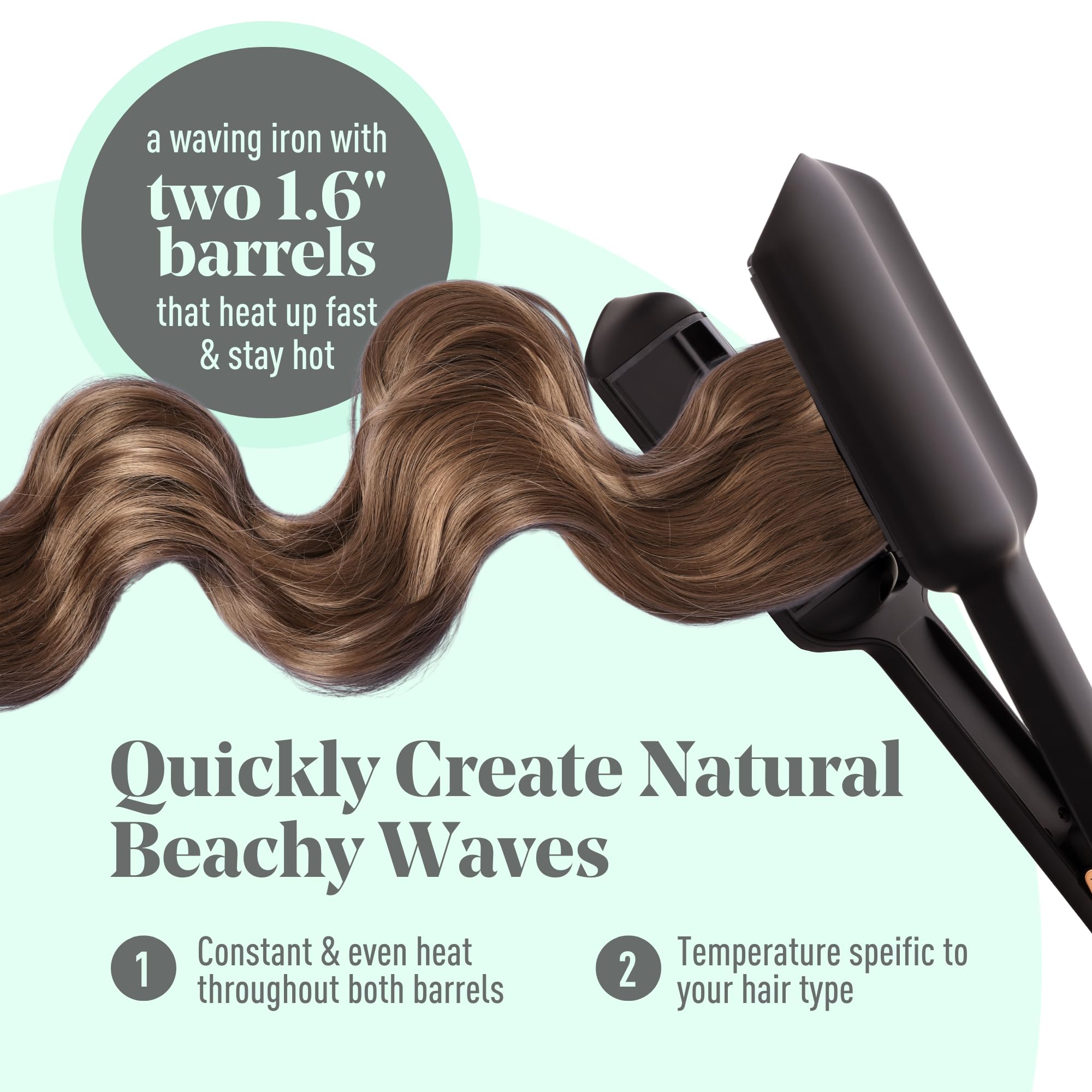 MINT Double Barrel Mermaid Hair Waver for Long Hair - Ionic Deep Waver Tool Creates Voluminous Beach Waves | Adjustable Temperature Wave Crimper & Styling Iron | Perfect for Salon-Quality Waves, Wedding Hairstyles & Everyday Beachy Looks