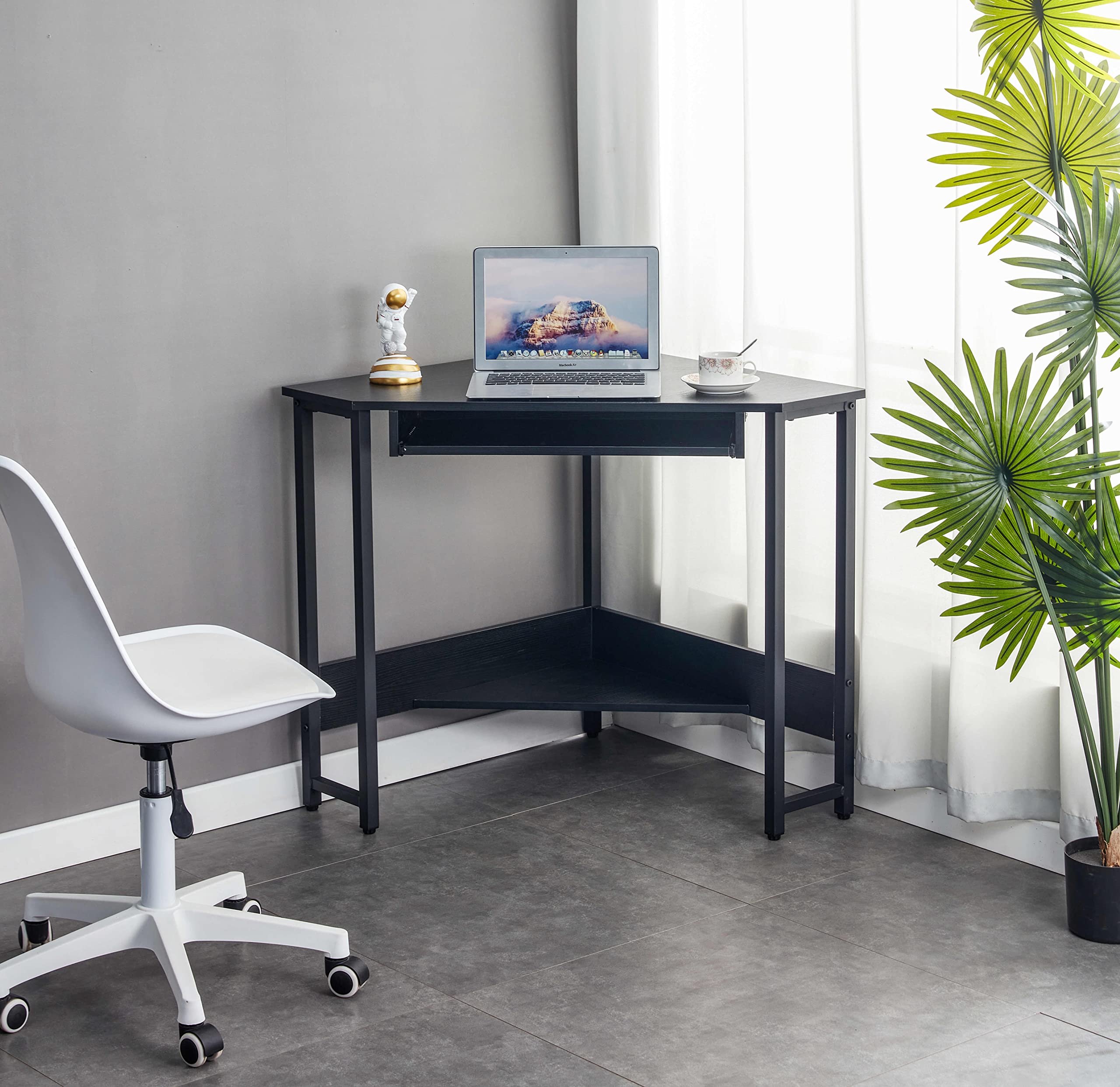 LXBB Triangle Corner Computer Desk with Pull-Out Keyboard Tray & Open Storage Shelves - Compact Study Writing Desk & Workstation for Home Office (Black) | Perfect for Small Spaces, Gaming Setups & Remote Workstations