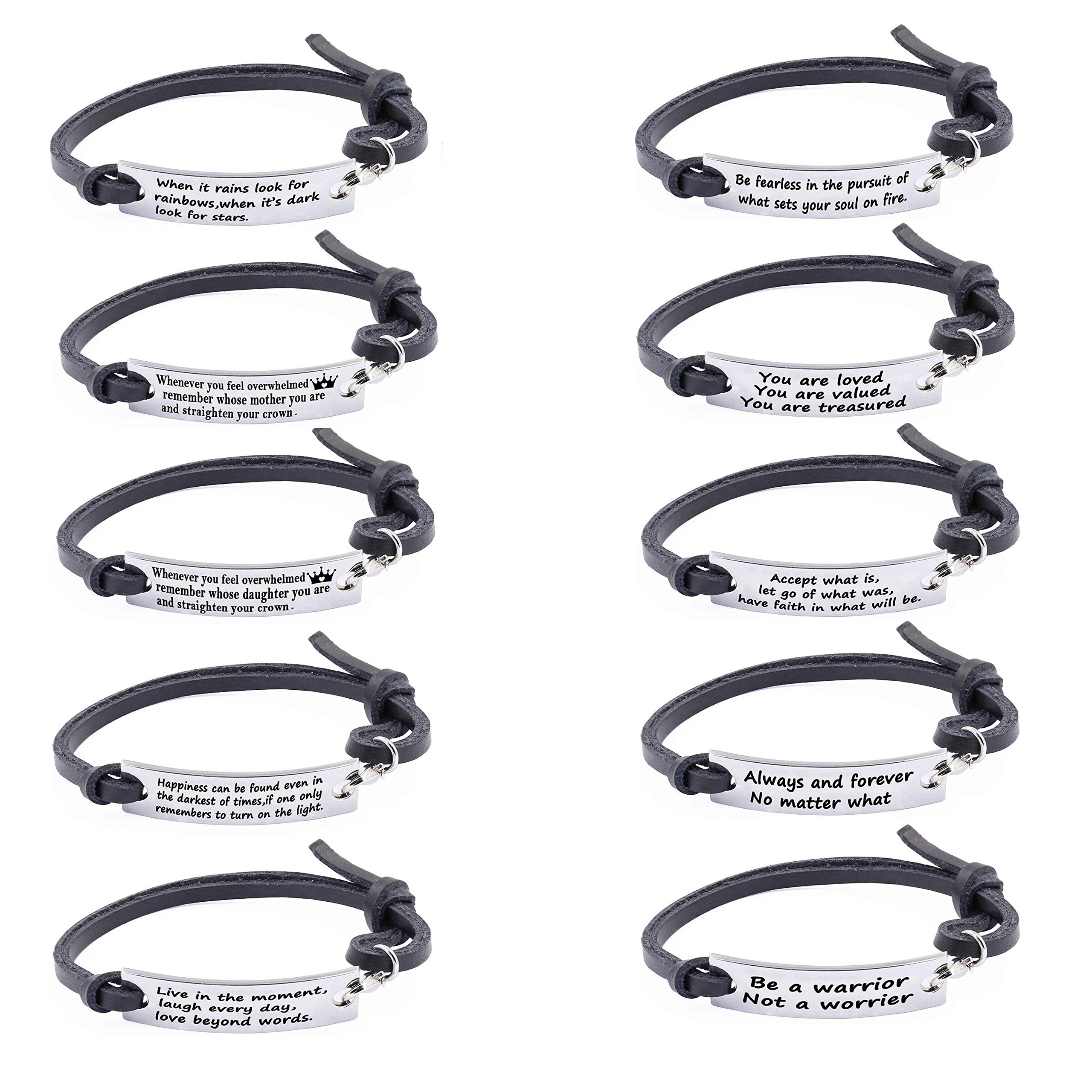 Bulk Inspirational Mantra Bracelets - Adjustable Leather Cuff Bangle with Silver Message Plates | Personalized Jewelry Gift for Women, Friends, Mothers, Daughters & Teachers | Perfect for Birthdays, Graduations & Daily Motivation