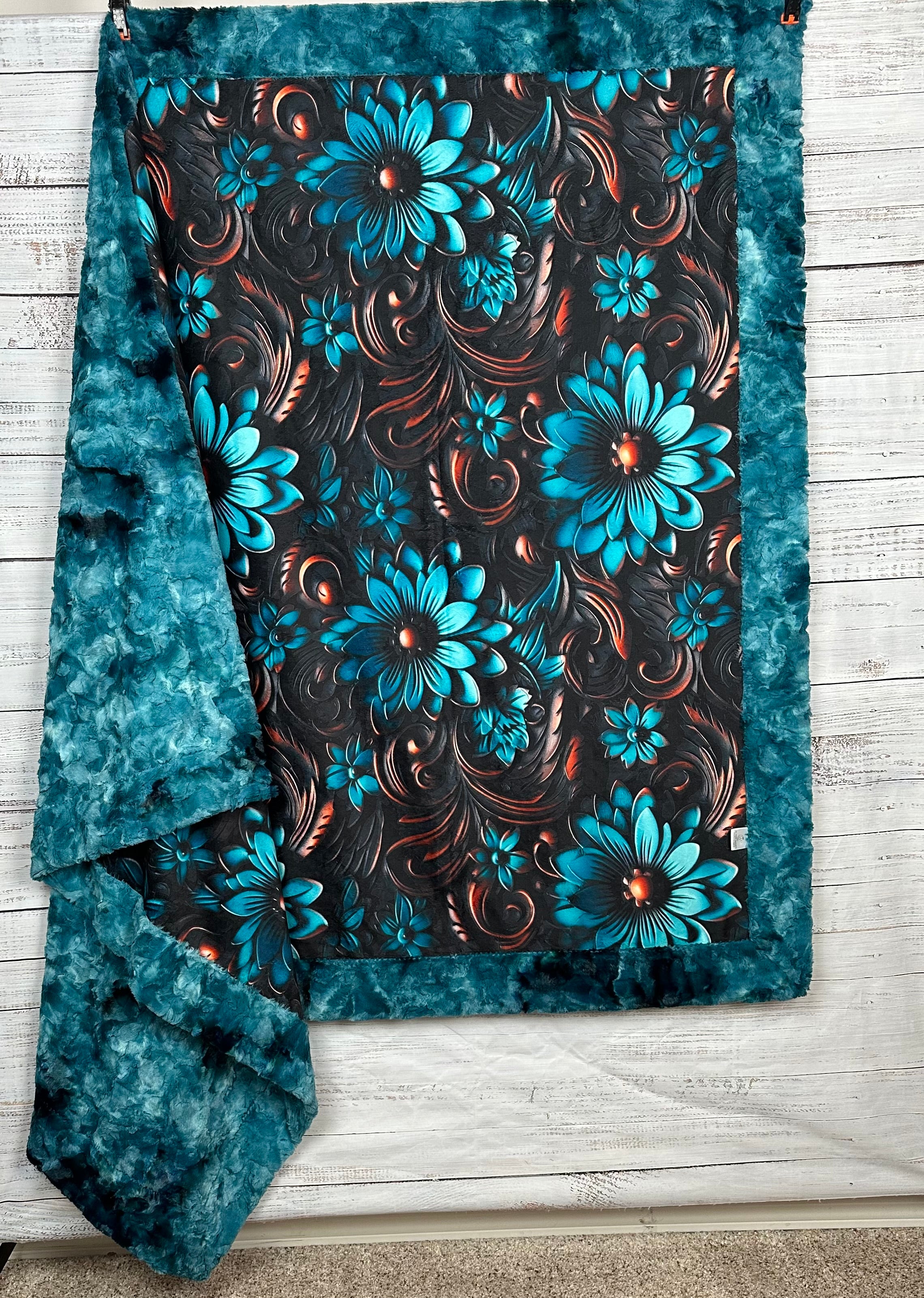 Hand-Tooled Leather Turquoise Floral Design Luxury Minky Blanket 55x79 Inches - Soft Large Throw Blanket for Bed, Sofa & Home Decor