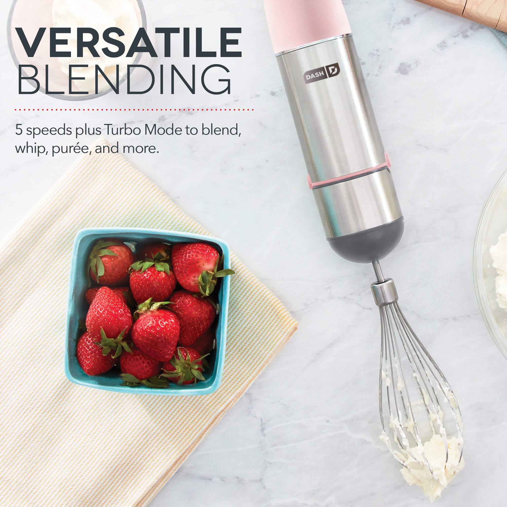 Dash Chef Series 5-Speed Immersion Hand Blender with Stainless Steel Blades & Whisk Attachment - Pink | Perfect for Smoothies, Soups, Sauces & Baking | Includes Recipe Guide