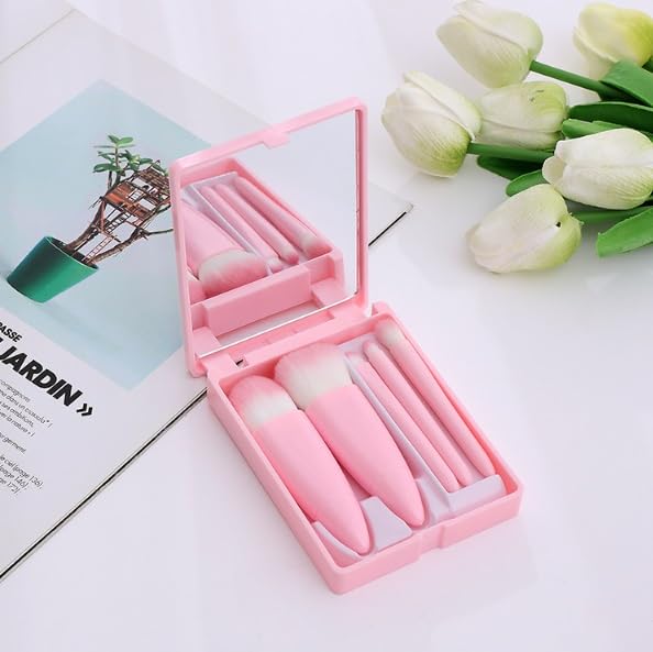5-Piece Mini Travel Makeup Brush Set with Mirror - Compact Cosmetic Brushes for Foundation, Powder, Concealer, Eyebrow, Eyeshadow, Blush & Lip Gloss | Perfect for On-the-Go Touchups, Travel Kits & Small Makeup Bags