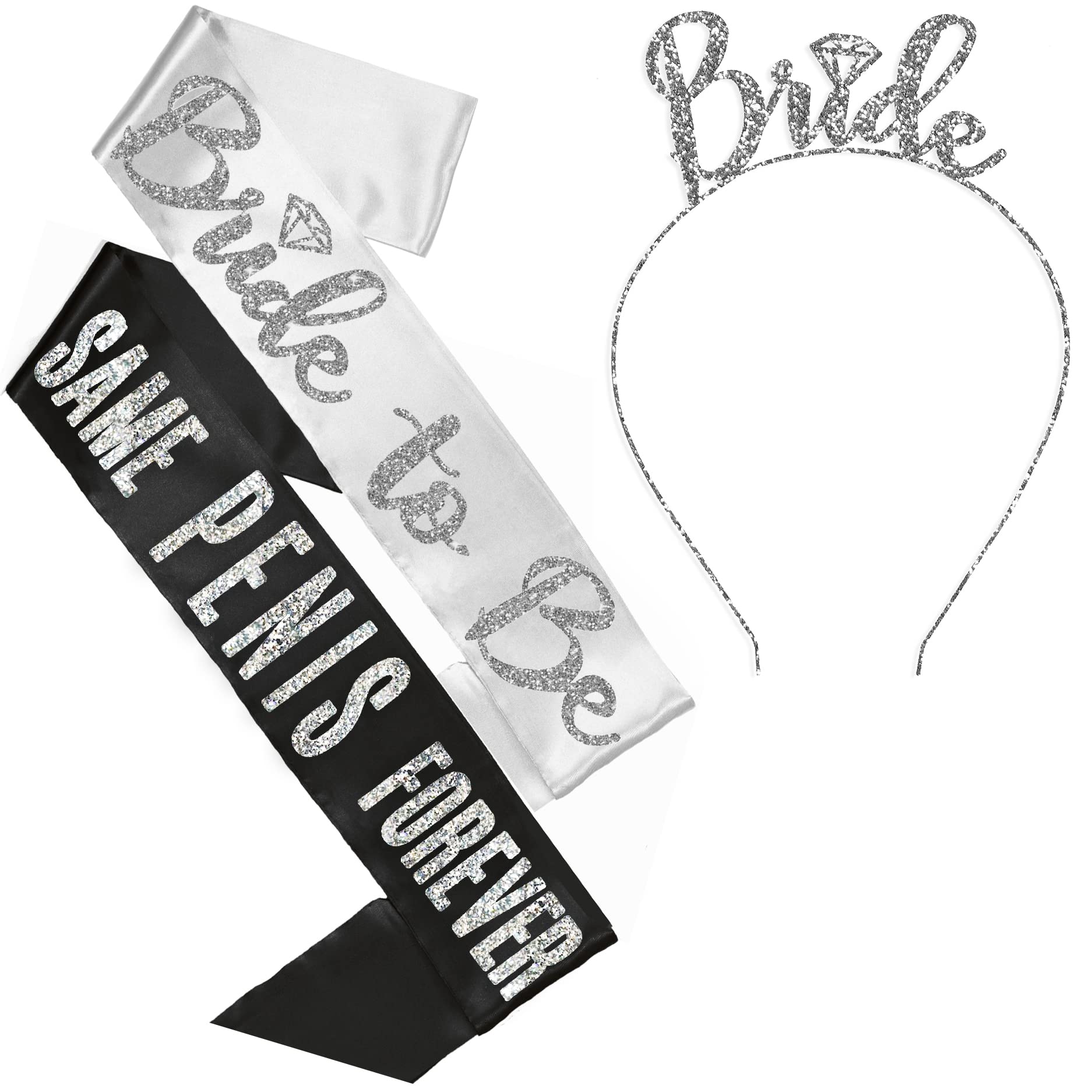Bachelorette Party Supplies Set of 3 - Silver Diamond Bride Sash, Black Satin Bridal Sash & Bride Headband - Perfect for Bridal Showers, Wedding Rehearsals & Bachelorette Parties