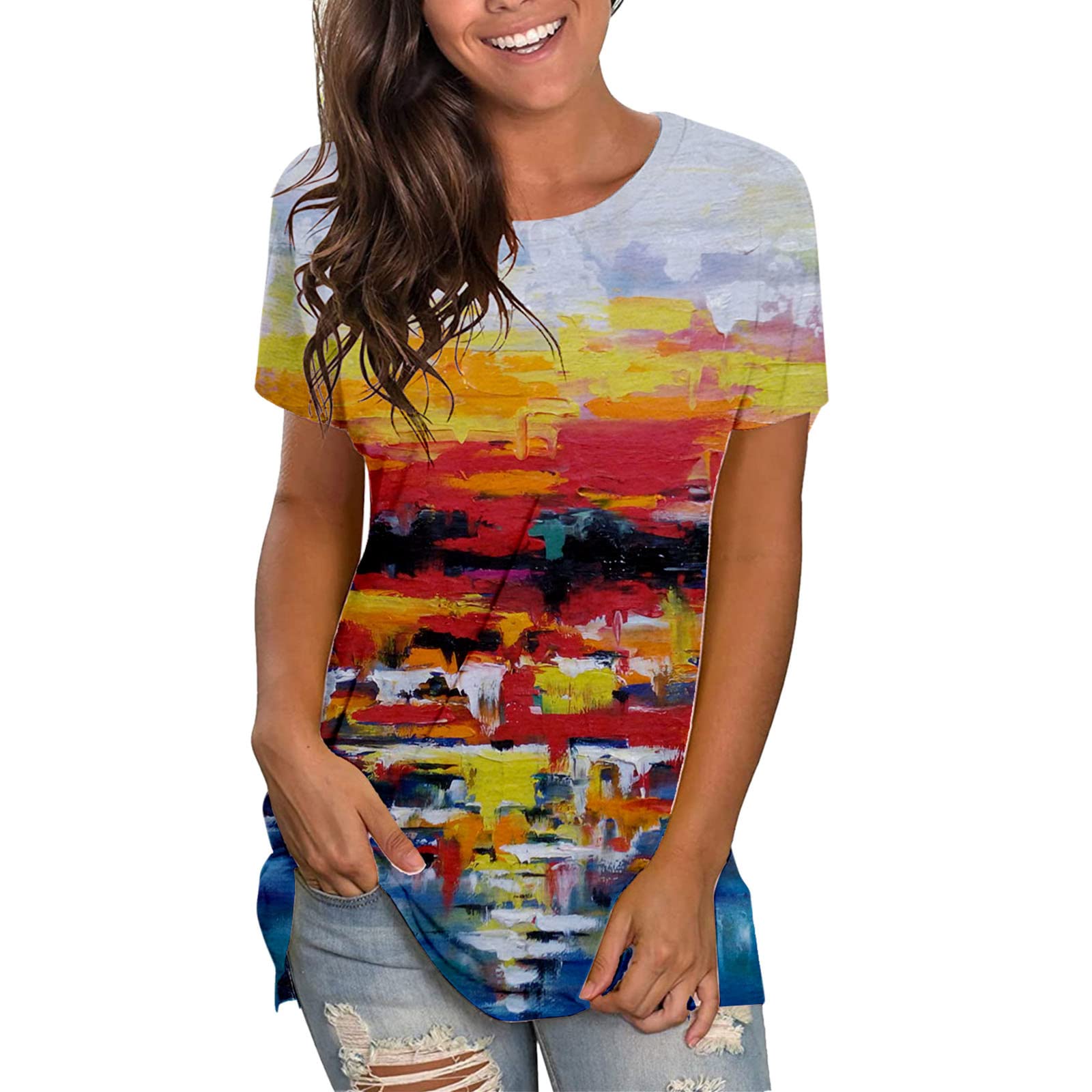 Women's Casual Loose Fit Short Sleeve Blouse - Sunflower Printed Summer Tops for Vacation, Beach & Everyday Wear