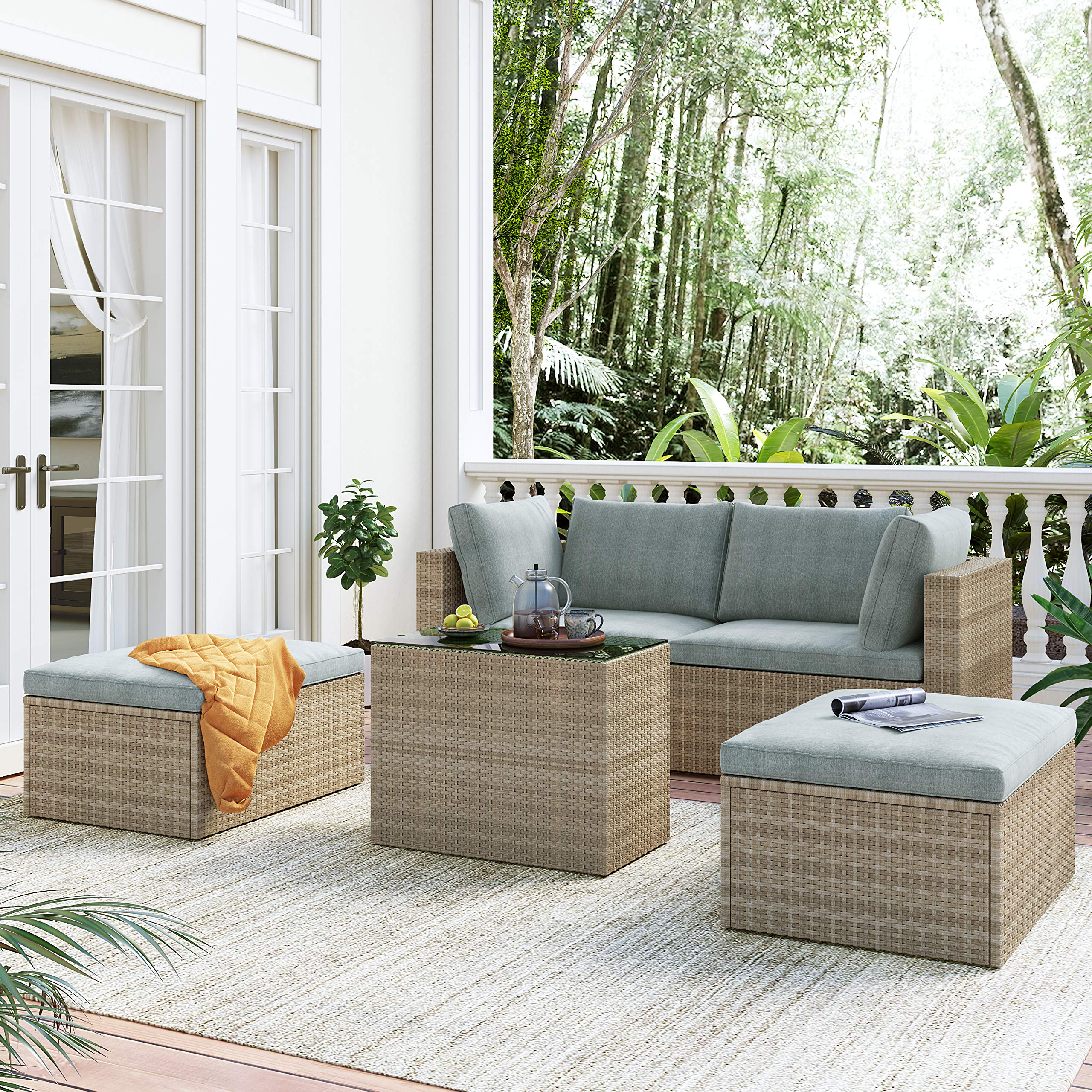 Merax 5-Piece Outdoor Patio Furniture Set - Wicker/Rattan Sectional Sofa with Coffee Table, Chairs & Ottomans in Brown/Gray - Perfect for Backyard, Garden & Poolside Relaxation