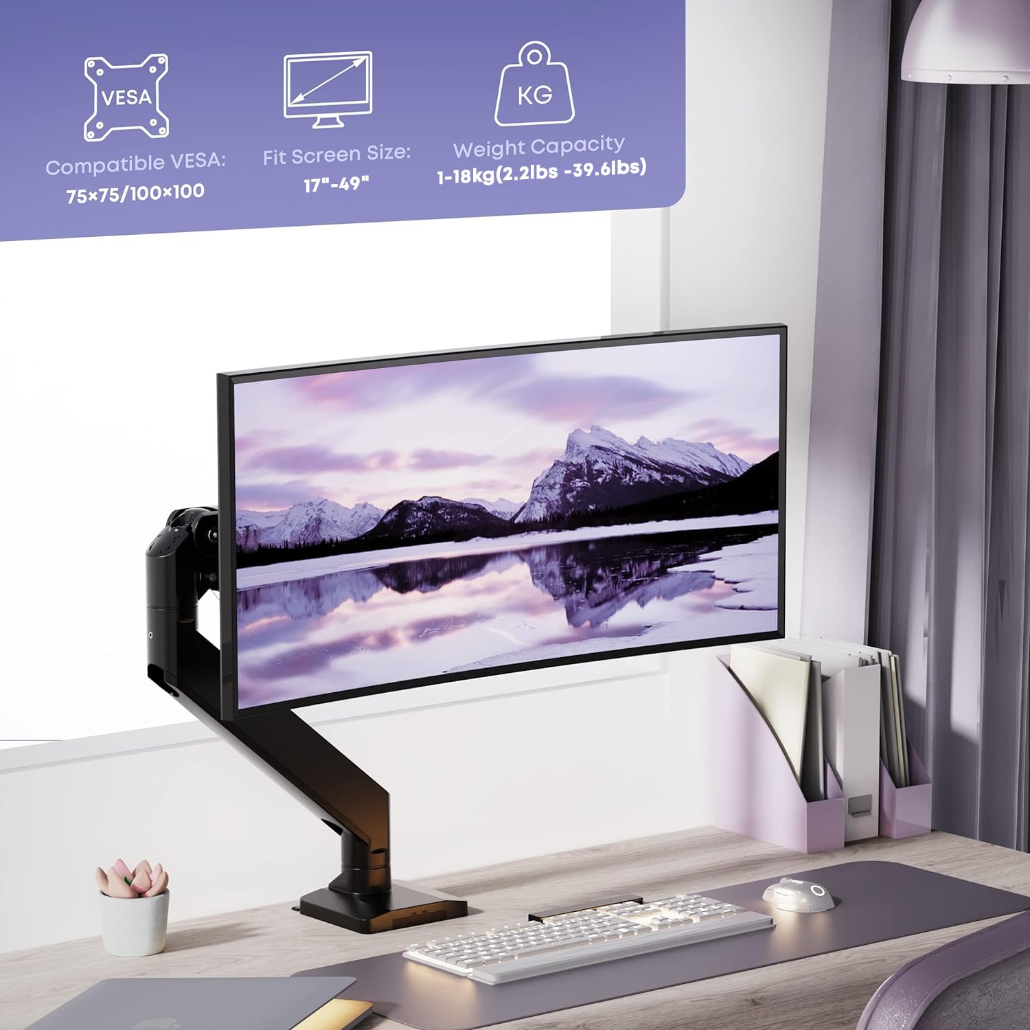 Premium Heavy Duty Monitor Arm for Ultrawide Screens up to 49 Inch & 39.6lbs - Ergonomic Aluminum Single Desk Mount Stand with Gas Spring, VESA 75x75/100x100 - Perfect for Home Office, Gaming & Workspace Setup
