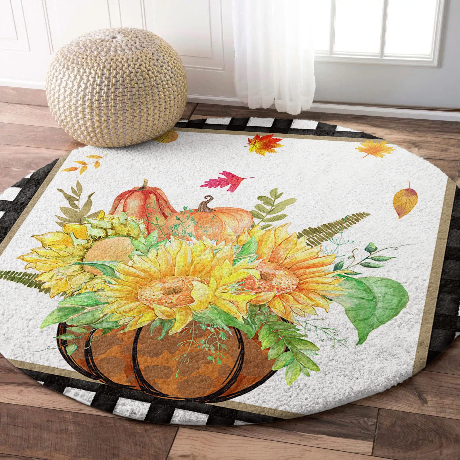5 Ft Round Sunflower Pumpkin Fuzzy Plush Area Rug - Soft Furry Carpet with Fall Maple Leaf & Black White Plaid Design, Cozy Shaggy Play Mat for Kids Room, Nursery Decor & Living Room Floor Accent