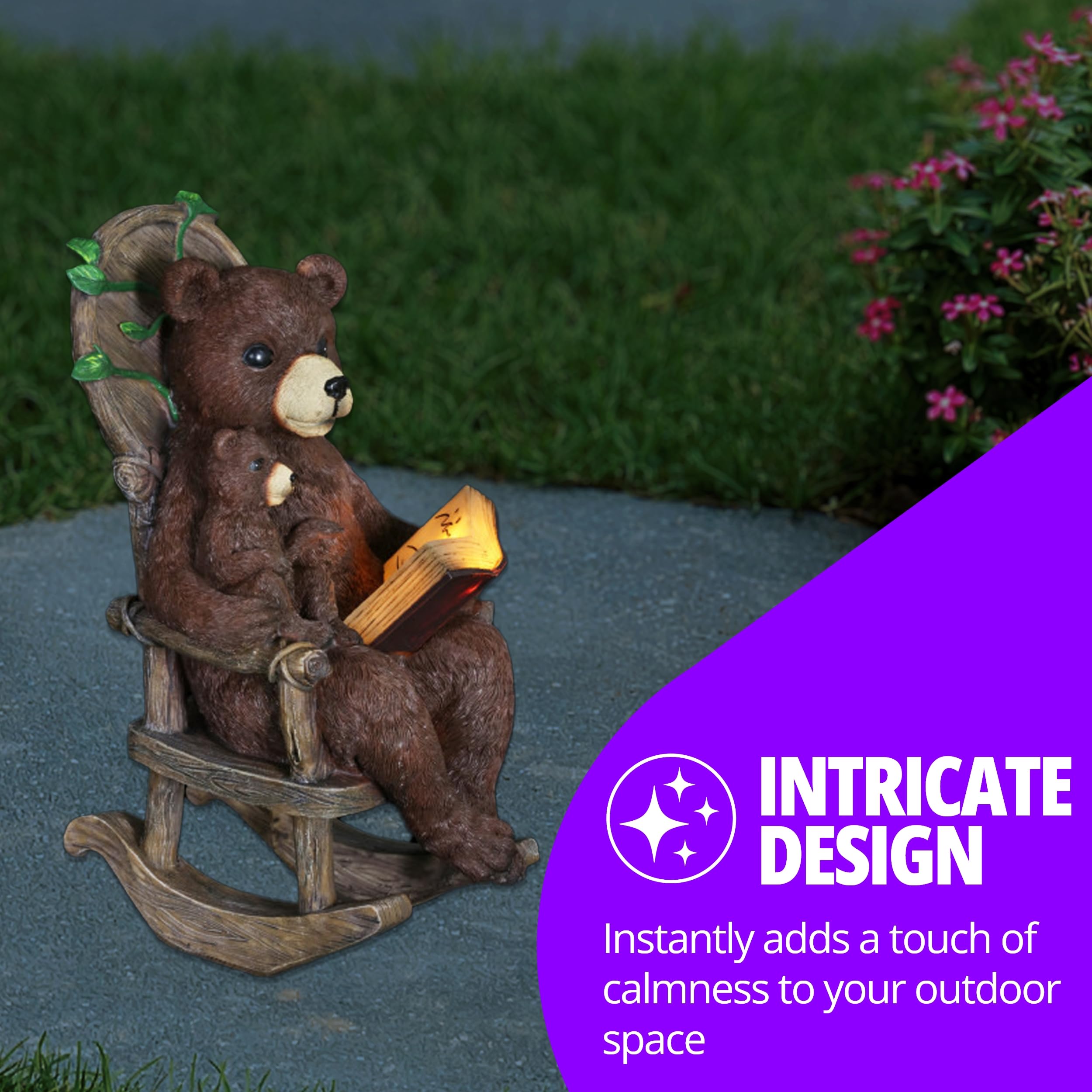 Solar-Powered Bear Family Reading Statue with LED Book – Outdoor Garden Decoration for Patio, Lawn & Yard – 9 x 12.5 Inch Exhart Garden Sculpture – Perfect for Storybook Gardens & Cozy Outdoor Spaces