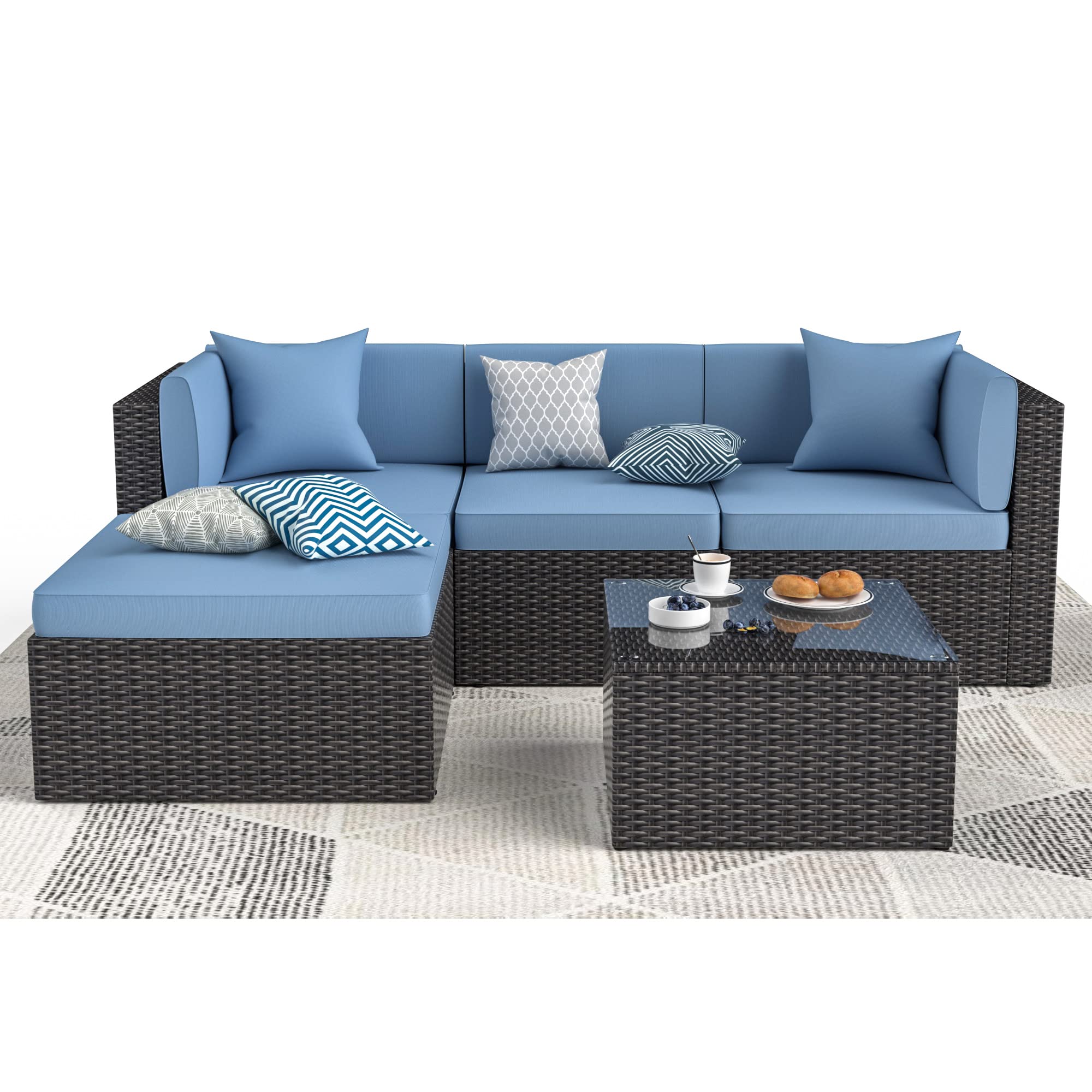 ECOLINEAR 5-Piece Outdoor Patio Furniture Set - Black Wicker Sectional Sofa with Blue Cushions & Throw Pillows - Weather-Resistant Conversation Set for Backyard, Poolside & Garden Relaxation