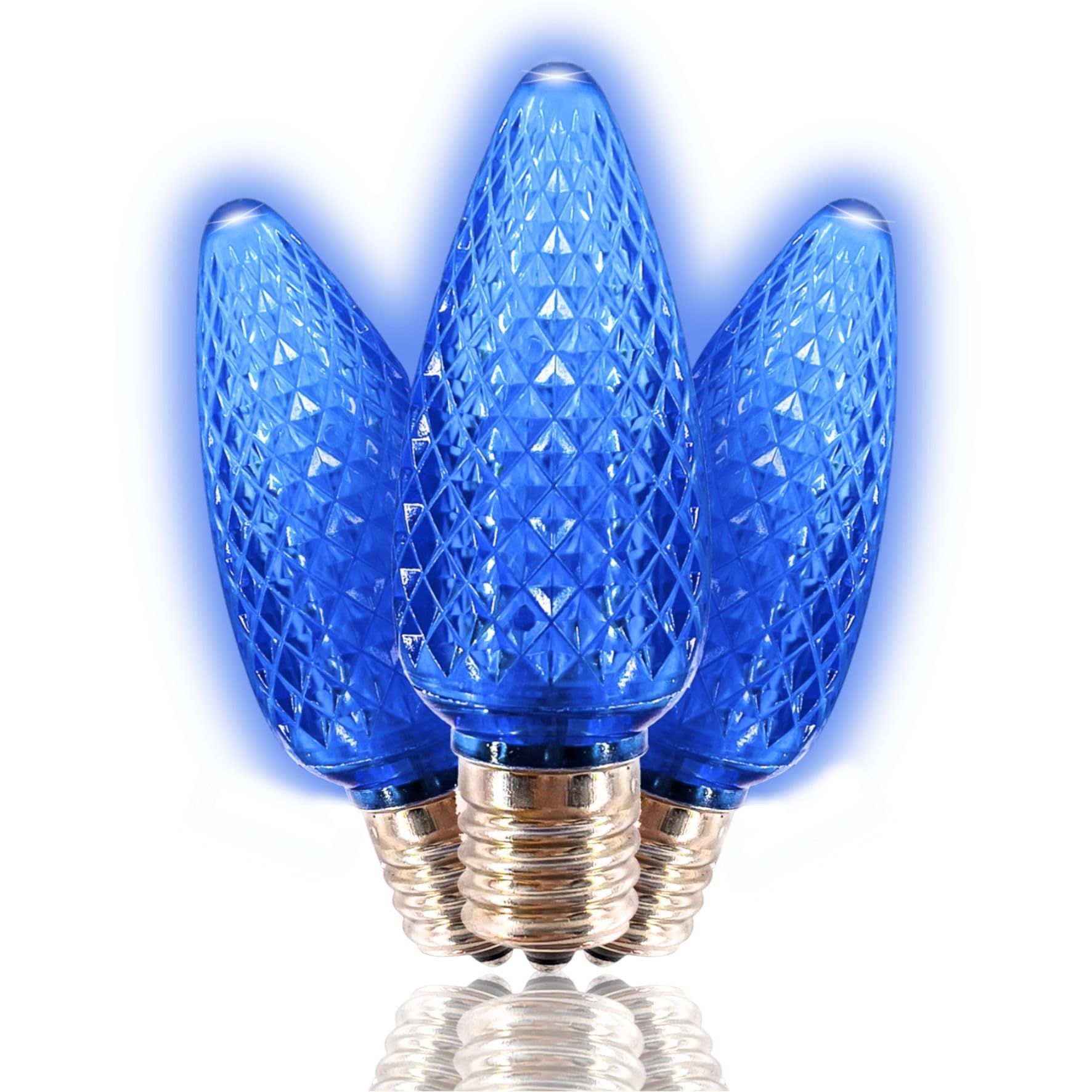 MIK Solutions C9 LED Replacement Bulbs - Pack of 25 Blue Faceted Christmas Lights, E17 Socket Candle Shape Bulbs for Holiday Decorations, Roof Lights, and Commercial Displays