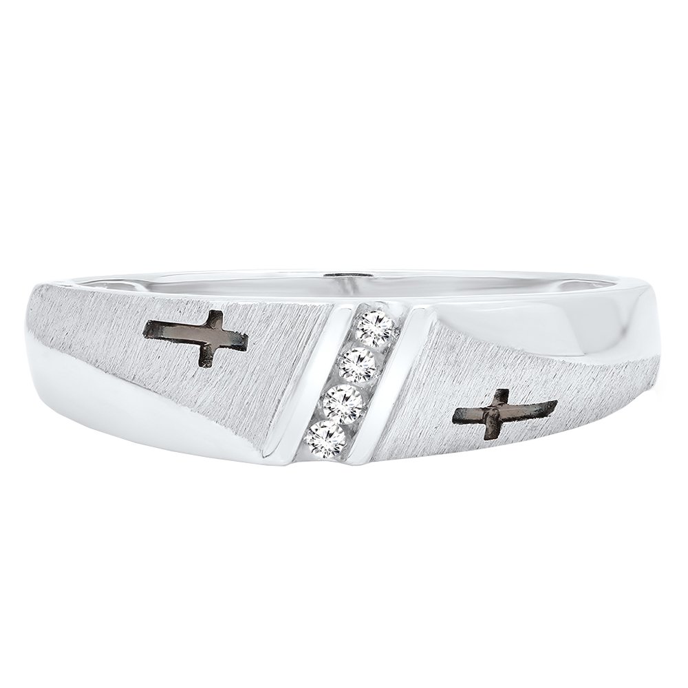 10kt White Gold Men's Round Diamond Single Row Cross Wedding Band - 1/20 CTW Dazzlingrock Collection - Perfect for Engagement, Anniversary & Gift Giving