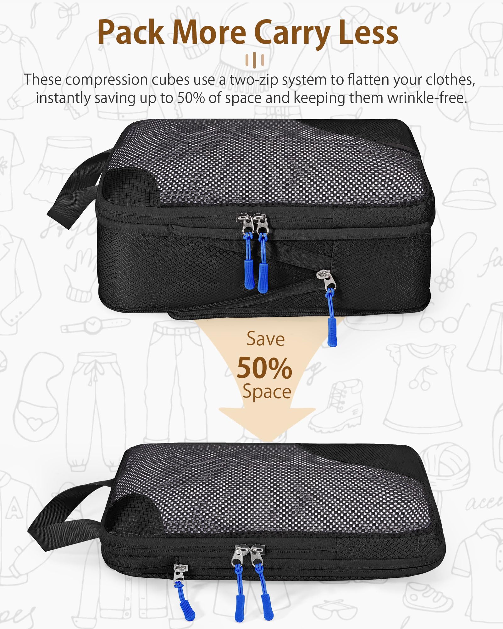 8-Piece Compression Packing Cubes Set - Expandable Suitcase & Luggage Organizer Bags for Travel - Black | Perfect for Business Trips, Vacations & Weekend Getaways