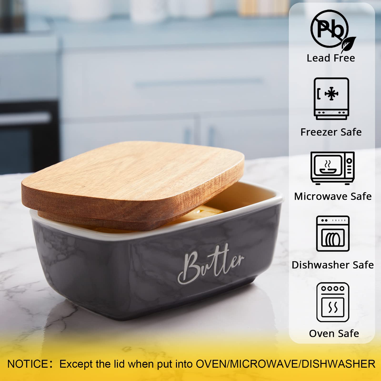 ALELION Large Gray Ceramic Butter Dish with Acacia Wood Lid - Modern Country Style Countertop Butter Container - Perfect for Kitchen Decor, Housewarming Gifts & Breakfast Table Setting