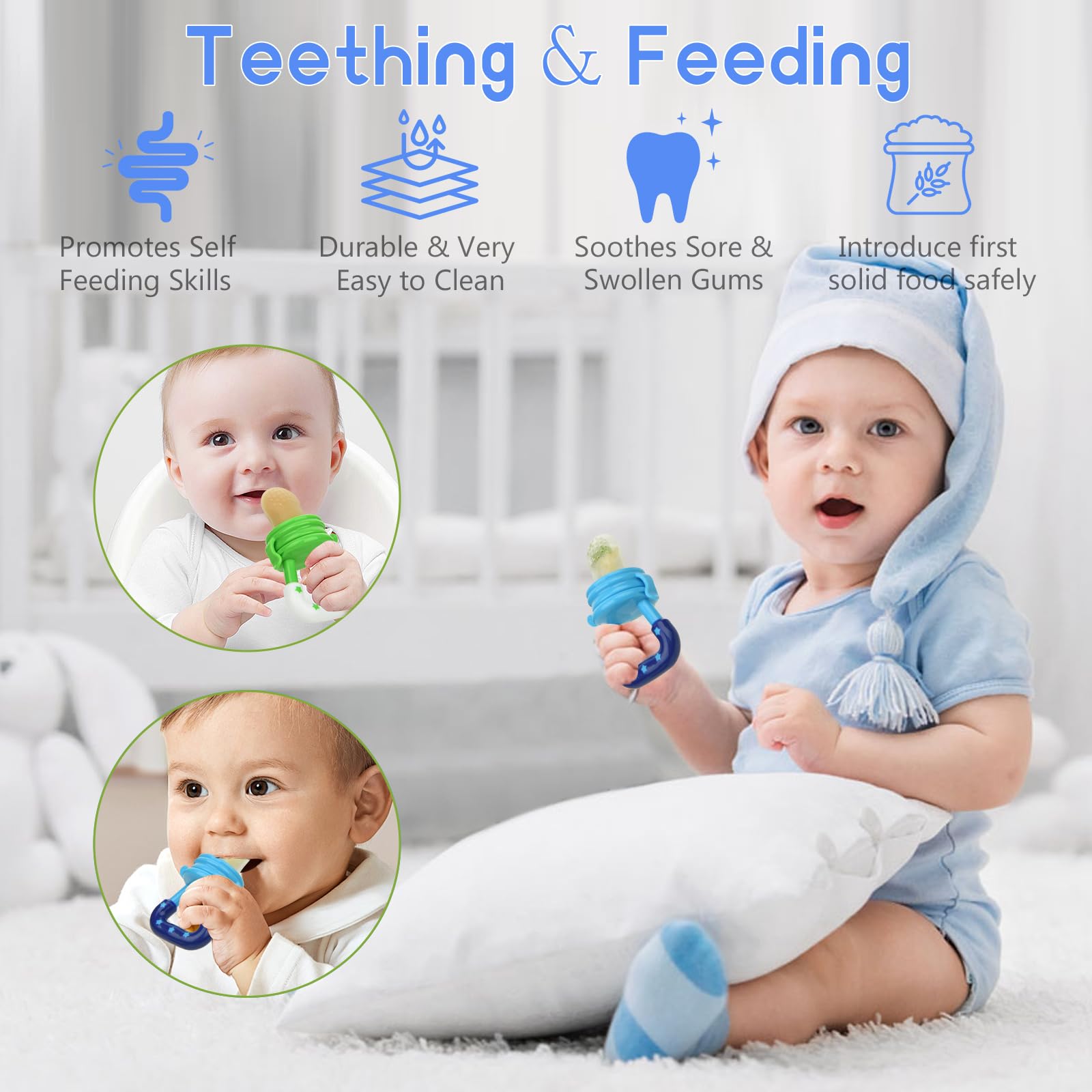 WAJIAYON Baby Fruit Feeder Pacifier - 5 Pack | 2 Silicone Baby Fruit Feeders & 1 Food Dispensing Spoon | Fresh Fruit Teether for Infants | BPA-Free Mesh Feeder for Teething Relief (Blue & Green) | Perfect for On-the-Go Snacking & Soothing Sore Gums
