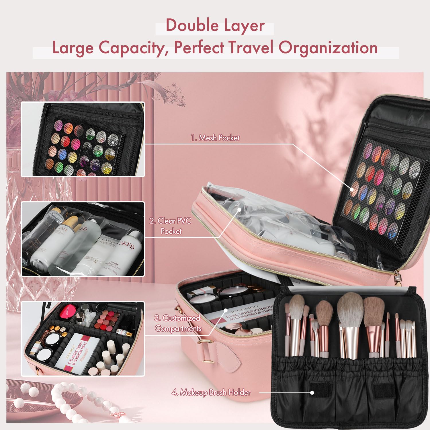 Travel Makeup Bag with LED Mirror - Double Layer Cosmetic Organizer with Detachable Vanity Mirror, Tri-Light Dimmable Settings, Adjustable Dividers & Brush Holder - Perfect for Home, Travel & Professional Makeup Artists
