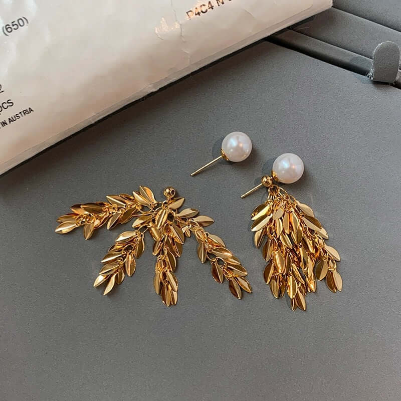 Two Tone Multi Way Pearl Leaf Ear Jacket Earrings for Women - Elegant Dangle & Stud Earrings for Party, Wedding & Everyday Wear | R0609