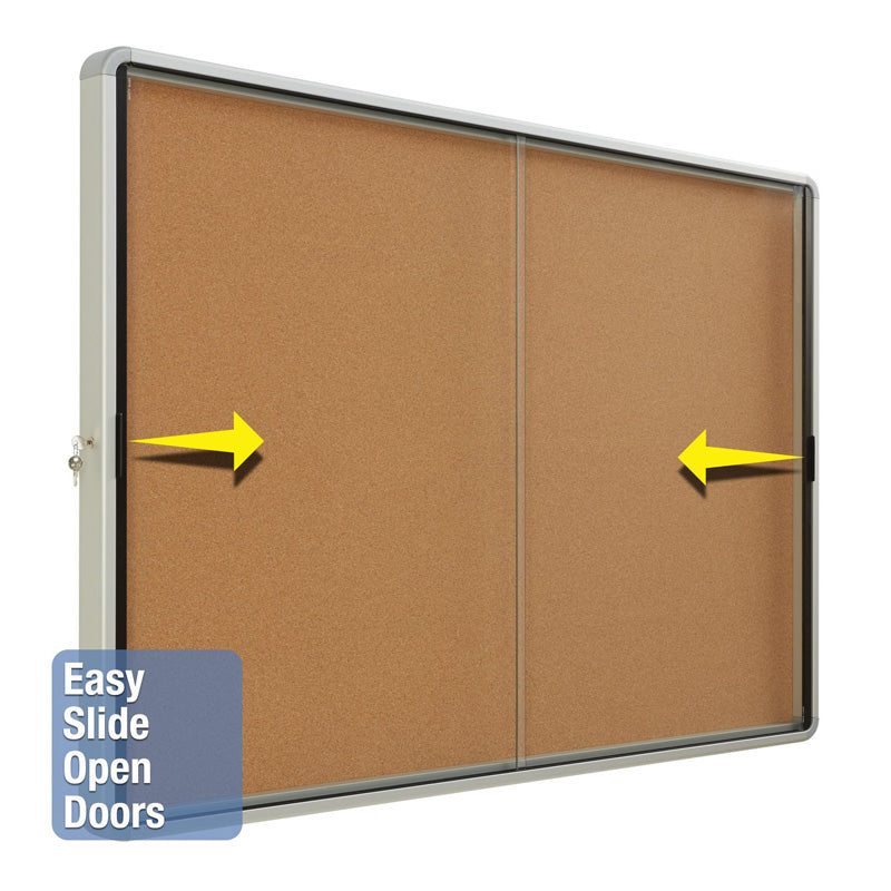 Premium Enclosed Indoor Cork Bulletin Board with Sliding Glass Doors - Silver Frame for Office, Classroom, or Home Organization & Memo Display