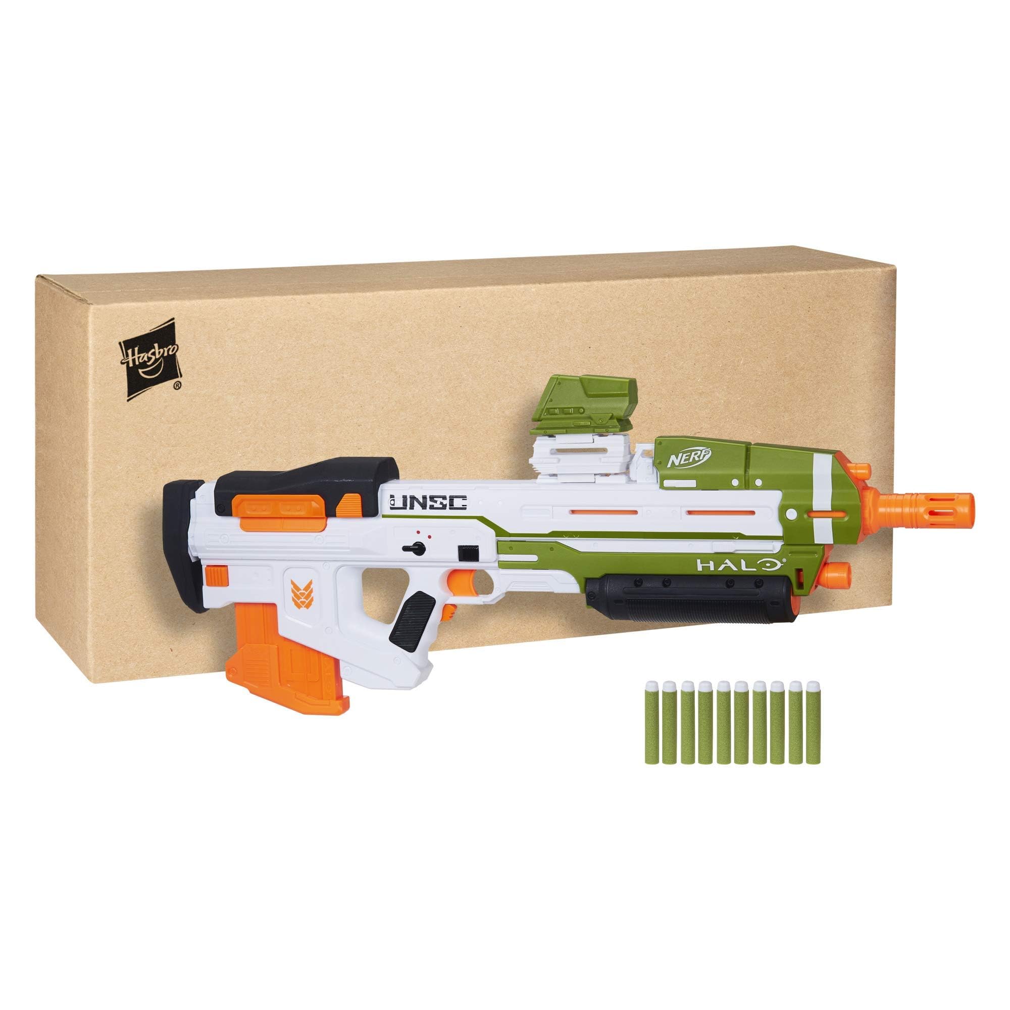 Nerf Halo MA40 Motorized Dart Blaster with Removable 10-Dart Clip & 10 Elite Darts - Attachable Rail Riser for Enhanced Aim | Perfect for Outdoor Play, Nerf Battles, and Halo Themed Parties