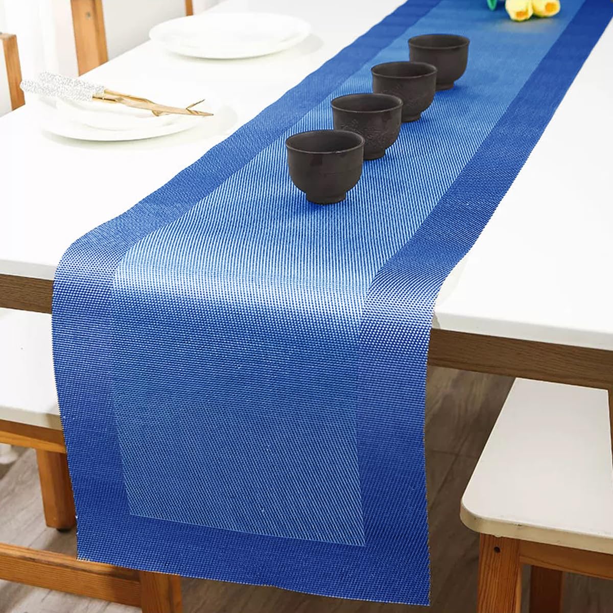 PIGCHCY Elegant Washable Vinyl Placemats Set of 6 with Non-Slip Table Runner - Navy Blue Dining Table Decor for Everyday Use & Special Occasions