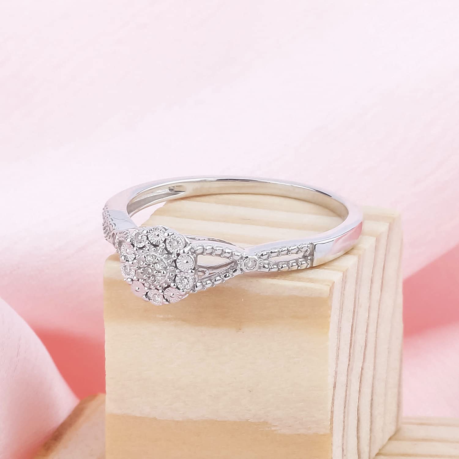 1/20cttw Diamond Cluster Promise Ring for Women - 925 Sterling Silver, Rose Gold or Yellow Gold Plated - Round White Diamond Halo Floral Engagement Ring - Perfect for Anniversaries, Proposals & Special Occasions