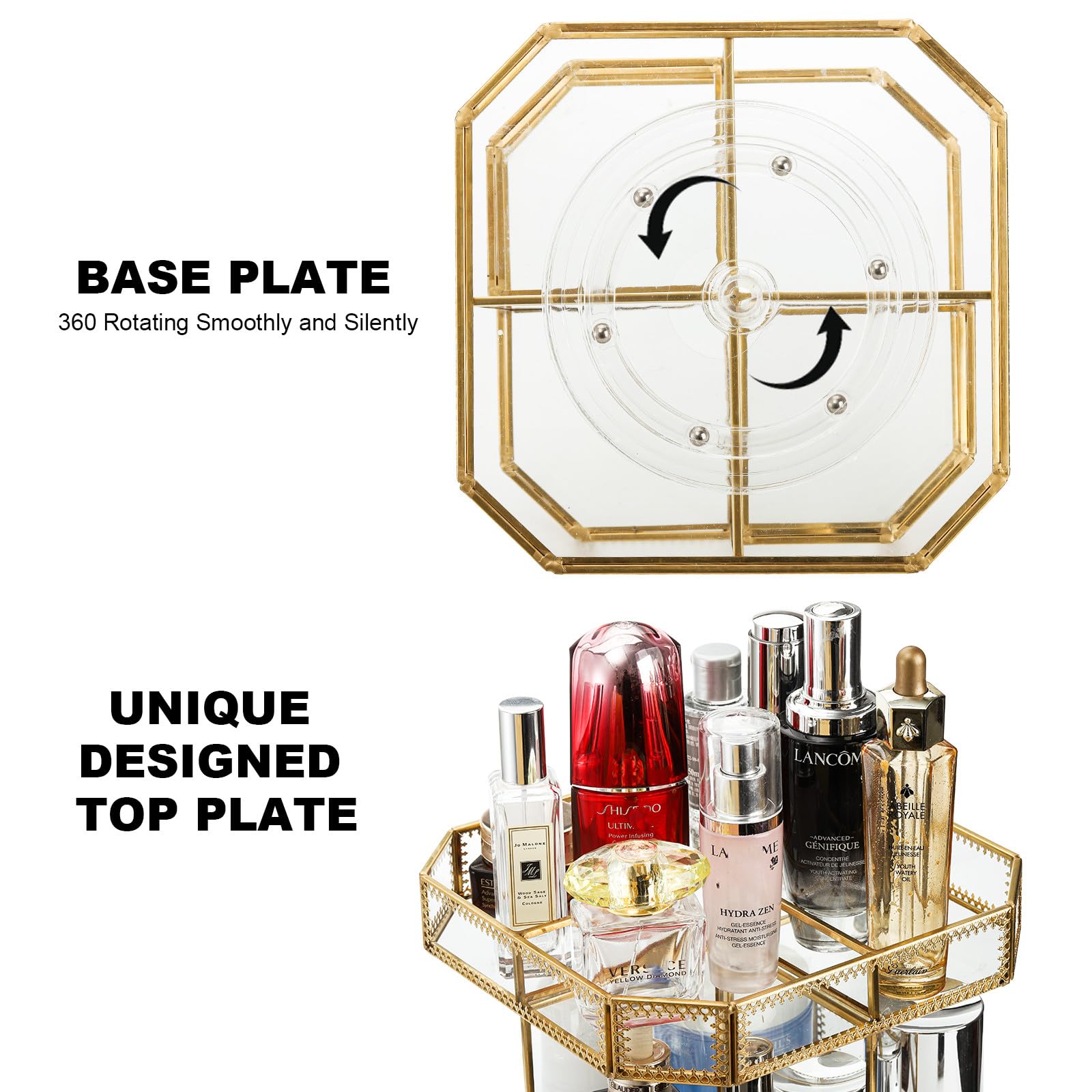 360 Degree Rotating Glass Makeup Organizer with Gold Trim - Large Clear Cosmetics Storage Display for Vanity | Holds Perfume, Brushes, Lipsticks & Skincare | Perfect for Bedroom Dresser, Bathroom Counter & Beauty Salon Organization