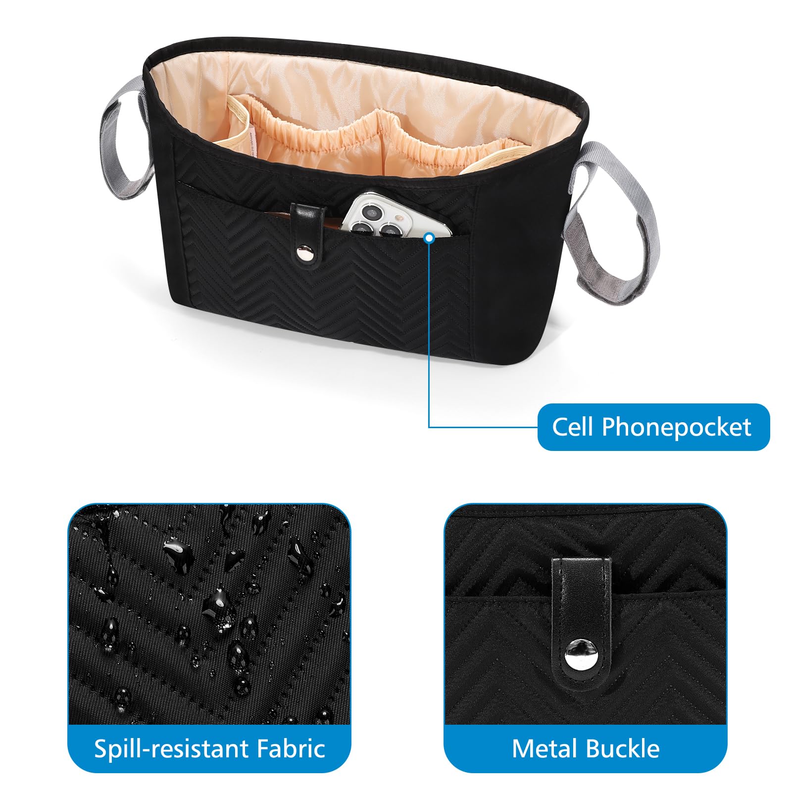 **Accmor Universal Stroller Organizer - Black Stroller Caddy Bag with Large Storage Pockets, Fits Uppababy, Baby Jogger, Nuna, Doona & Britax Strollers - Perfect for Diapers, Bottles & Toys On-The-Go**