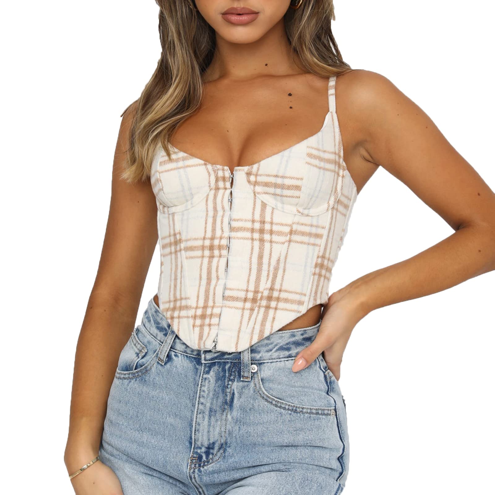 Sexy Women's Corset Top - Spaghetti Strap V Neck Bustier, SleeveLess Crop Top for Clubwear & Party Outfits (White, XL) | Perfect for Night Out, Date Night, and Special Occasions