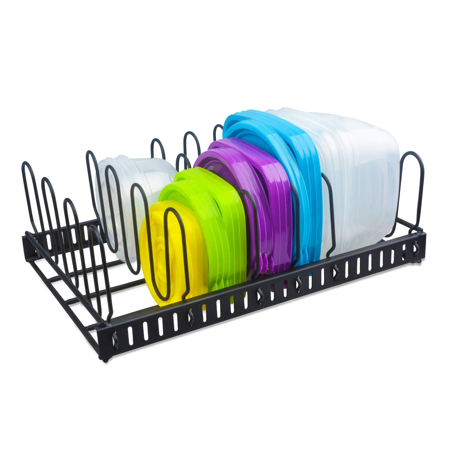 X-cosrack Metal Food Container Lid Organizer - Adjustable 6-Section Storage Rack for Kitchen Cabinets, Pantry Shelves & Drawers - Space Saving Kitchen Organizer for Pots, Pans & Tupperware Lids (Black) - Perfect for Small Kitchens, RV Camping & Apartment Living