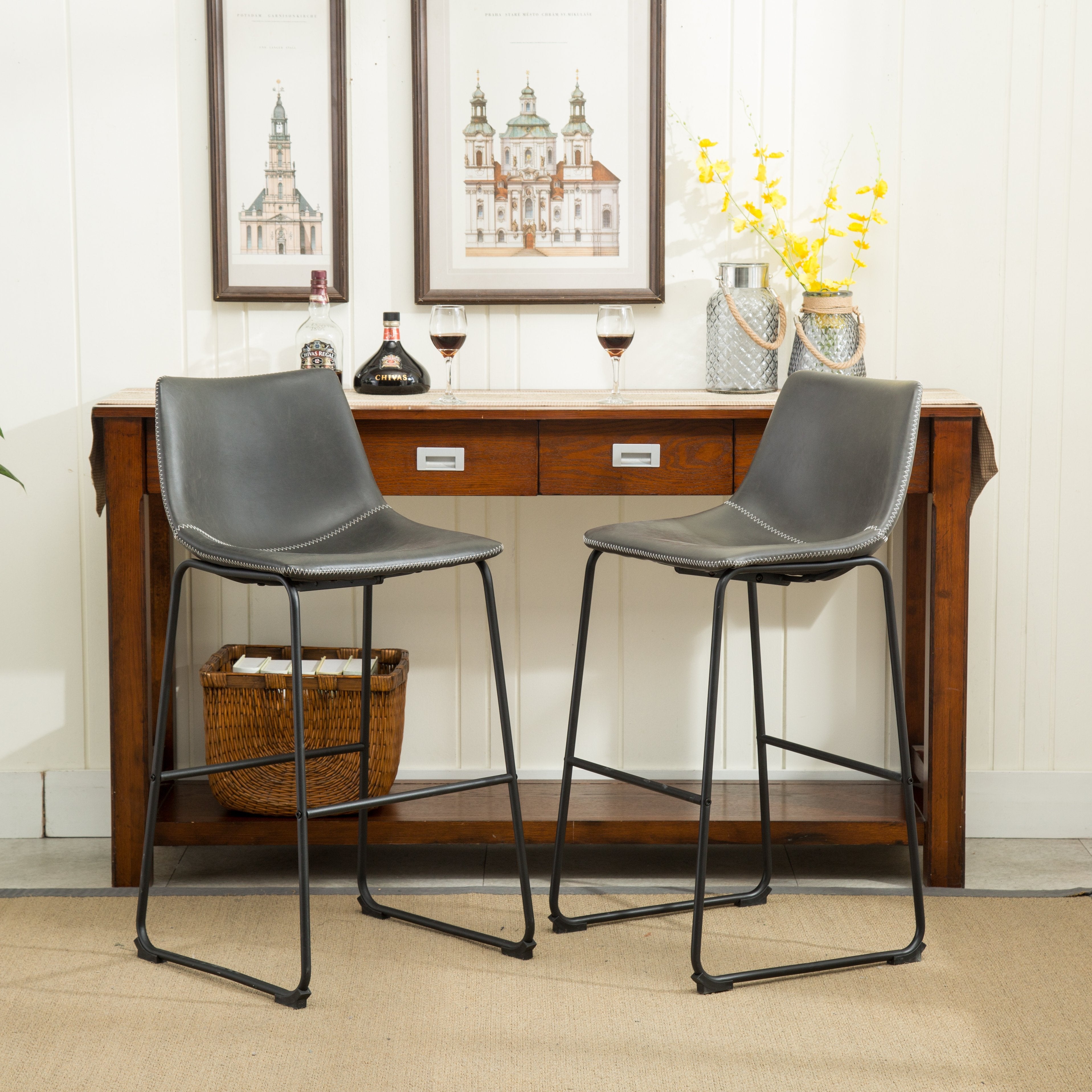 Vintage PU Leather Bar Stools Set of 2 - Roundhill Furniture Lotusville Antique Gray Counter Height Stools for Kitchen Island, Breakfast Bar & Home Decor