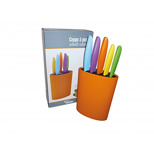 5-Piece Colorful Kitchen Knife Set with Orange Oval Holder - Perfect for Home Cooking, Camping & Outdoor Adventures