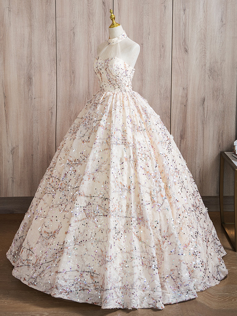 Elegant A-Line High Neck Lace Champagne Long Prom Dress for Women - Perfect for Formal Events, Evening Gowns & Special Occasions