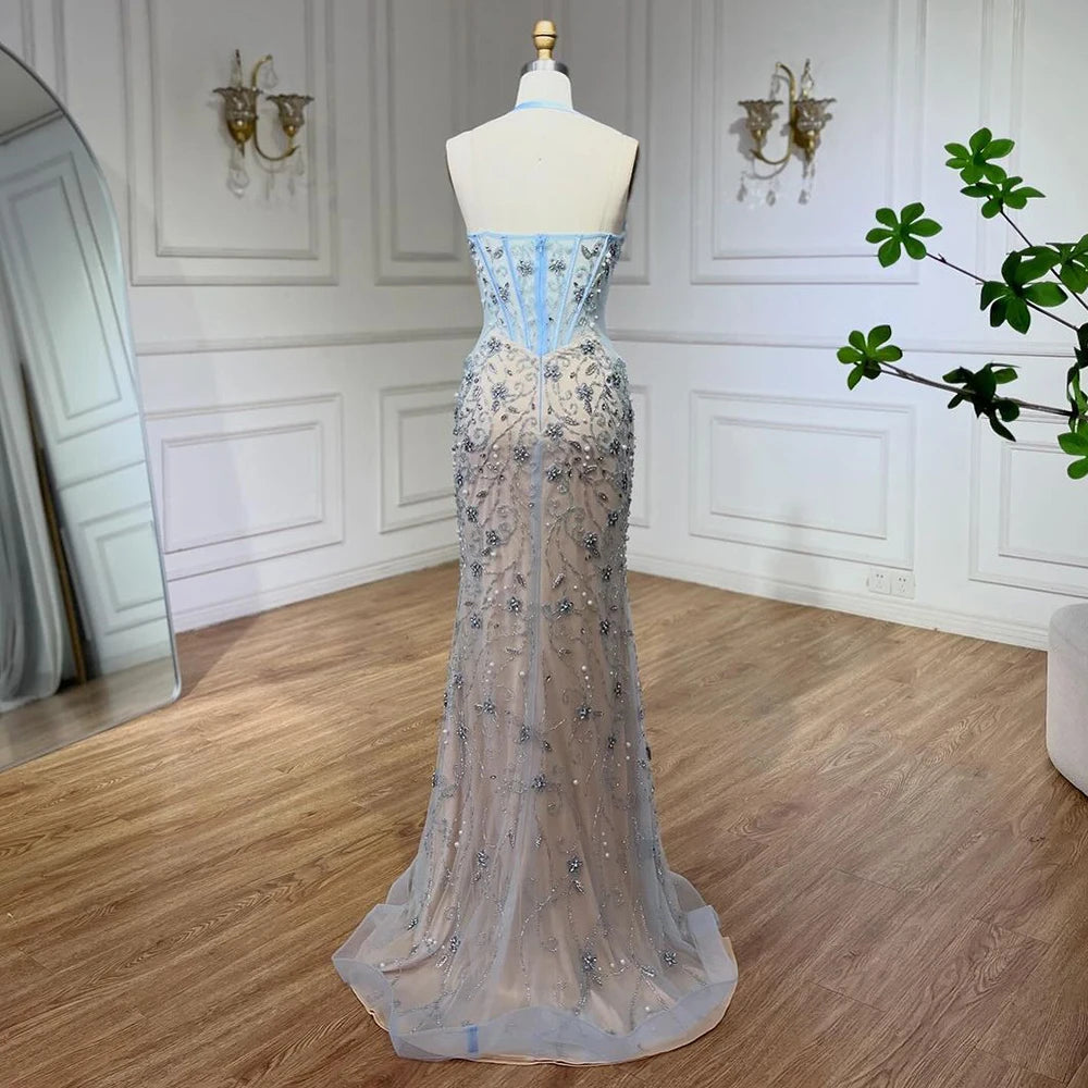 Luxury Dubai Blue Mermaid Evening Gown with Beaded Spaghetti Straps - Arabic Style Wedding Party Dress for Women 2025 | Perfect for Formal Events, Galas & Special Occasions