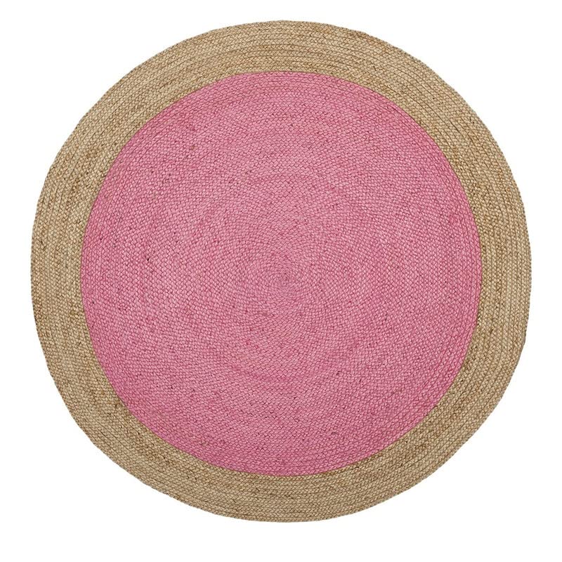 Premium DNR Indian Natural Fiber 8x8 Round Area Rug - Pink & Brown Border, 240x240 cm Bamboo Farmhouse Rug for Living Room, Bedroom & Boho Decor